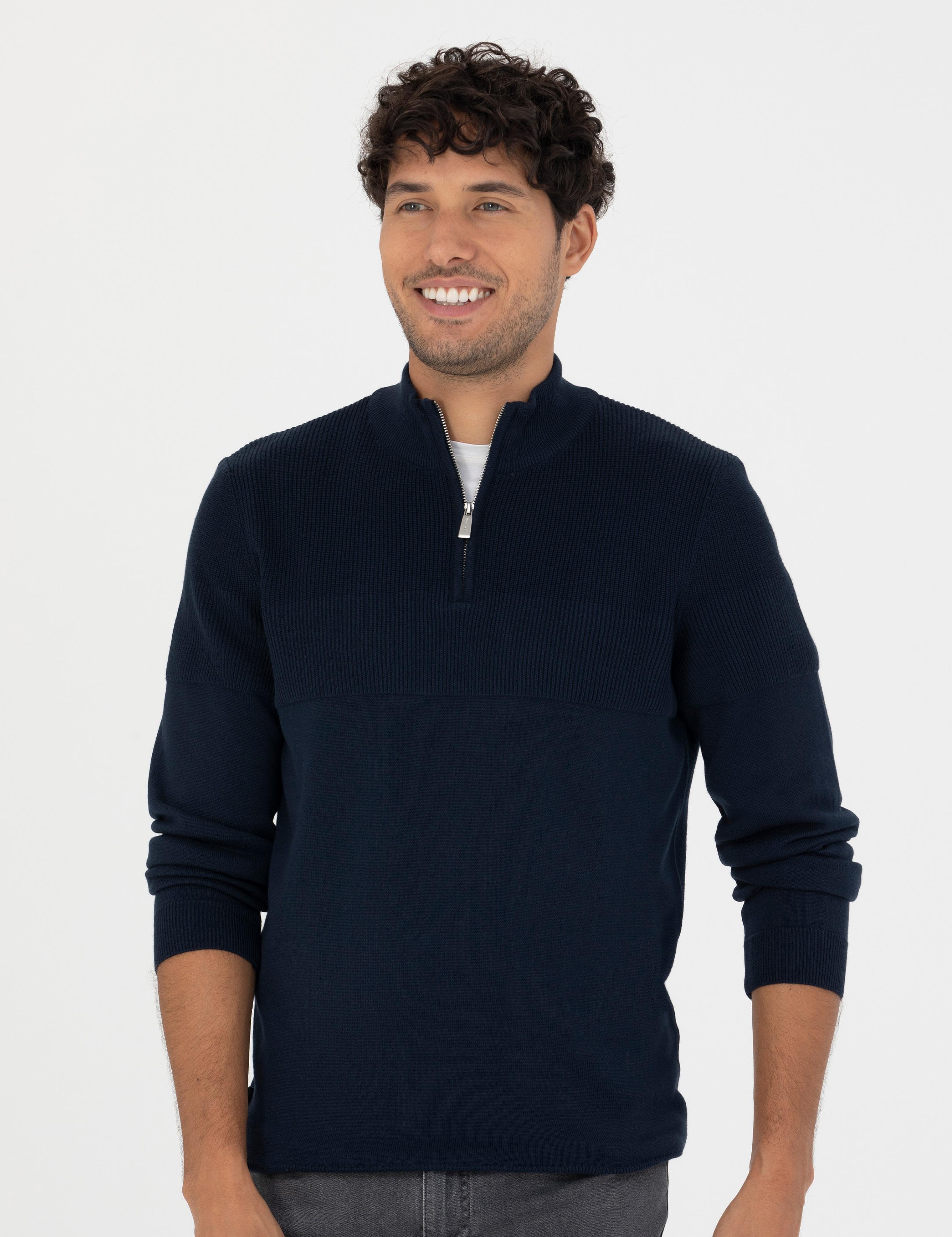 Lacivert Slim Fit Fermuarlı Dik Yaka Triko Kazak