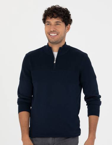Lacivert Slim Fit Fermuarlı Dik Yaka Triko Kazak