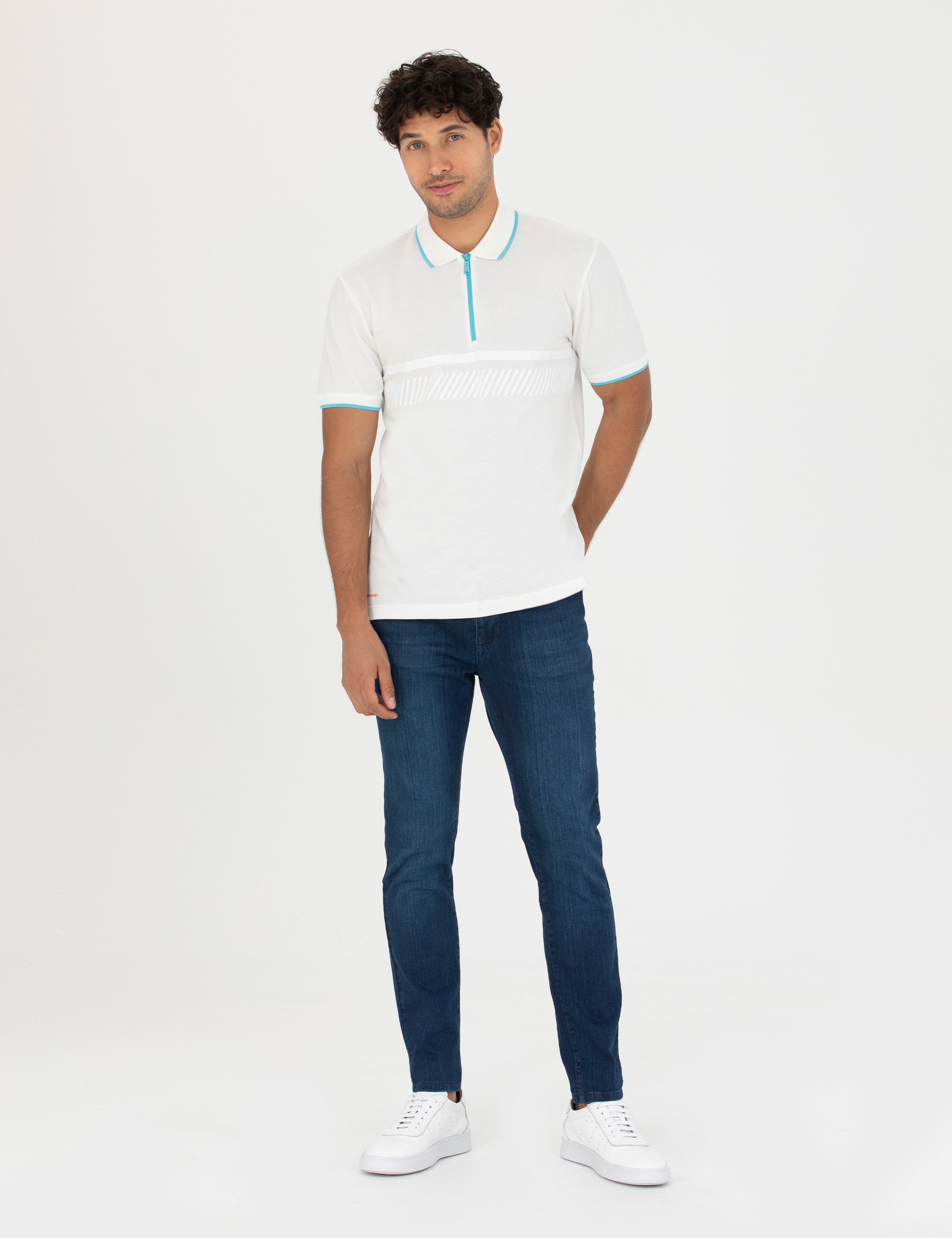 Ekru Slim Fit %100 Pamuk Fermuarlı Polo Yaka Tişört