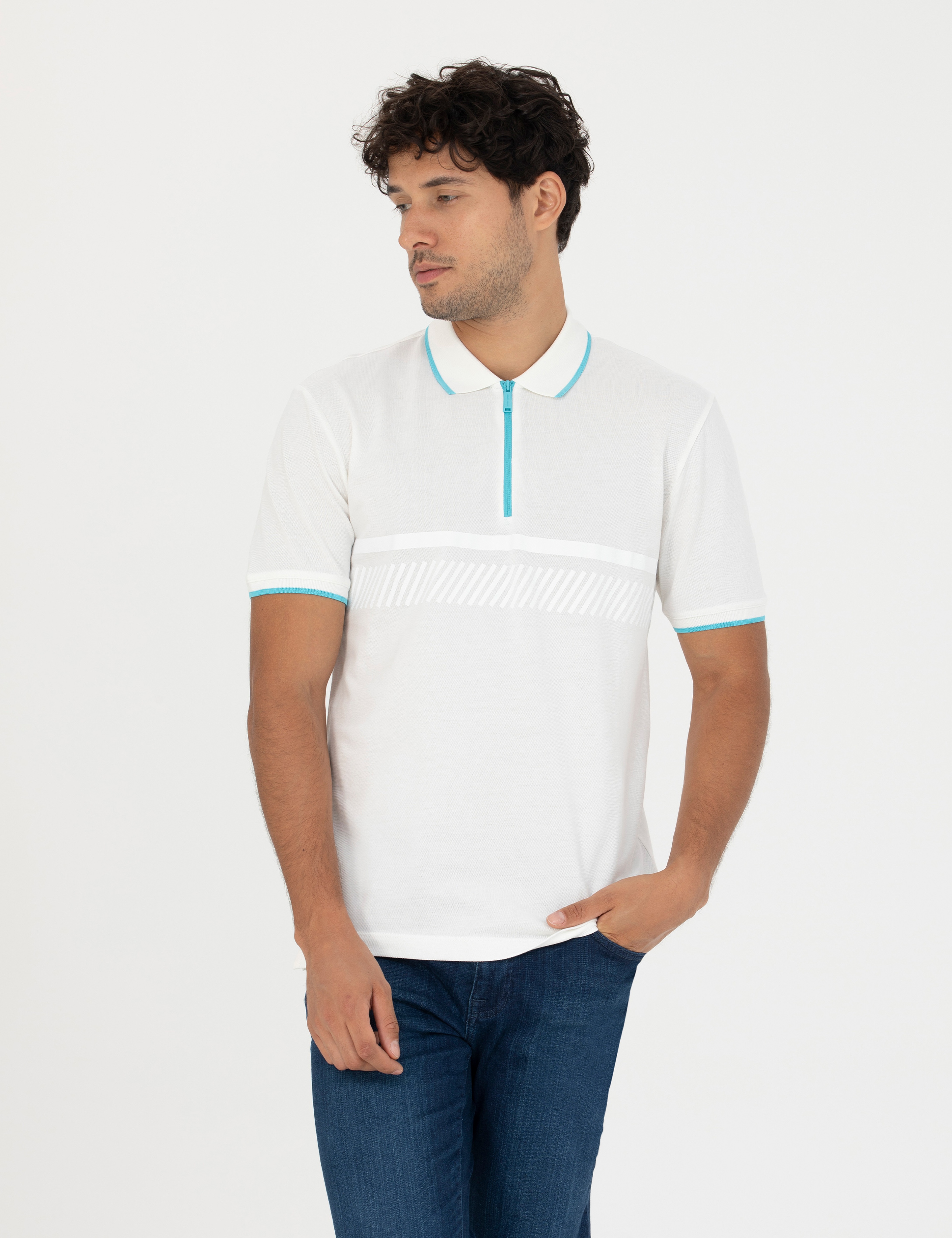 Ekru Slim Fit %100 Pamuk Fermuarlı Polo Yaka Tişört - Image 1