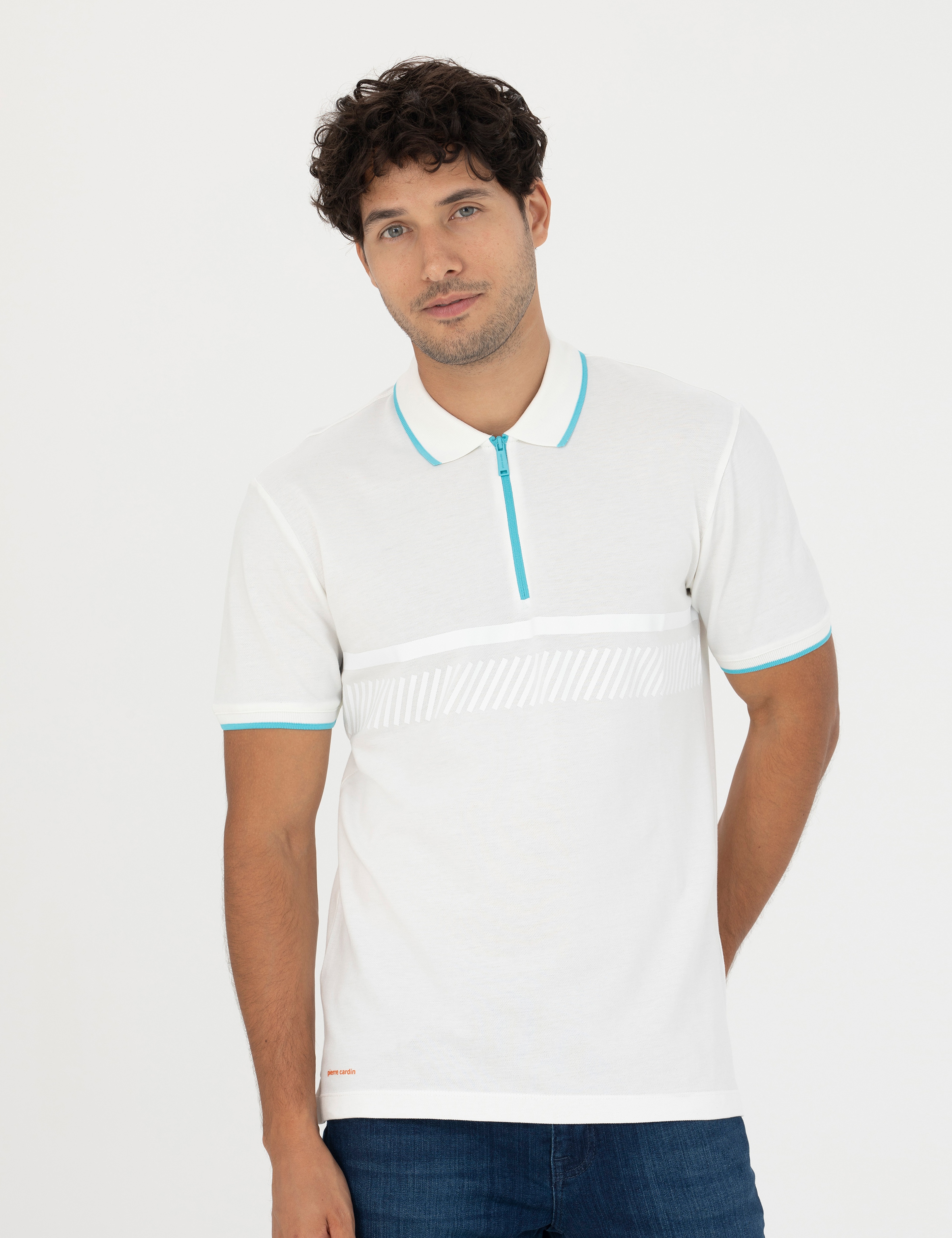 Ekru Slim Fit %100 Pamuk Fermuarlı Polo Yaka Tişört - Image 3