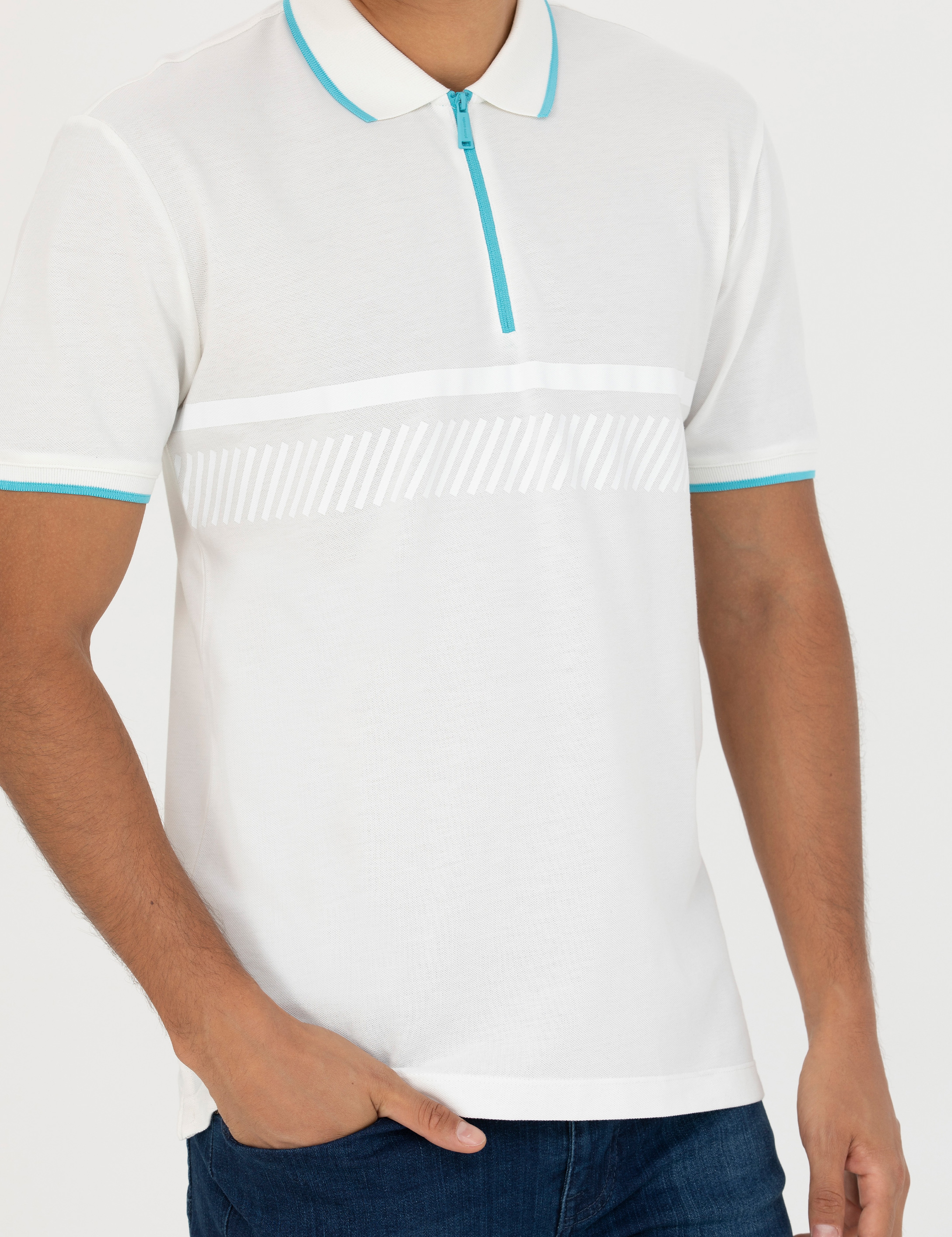 Ekru Slim Fit %100 Pamuk Fermuarlı Polo Yaka Tişört - Image 6