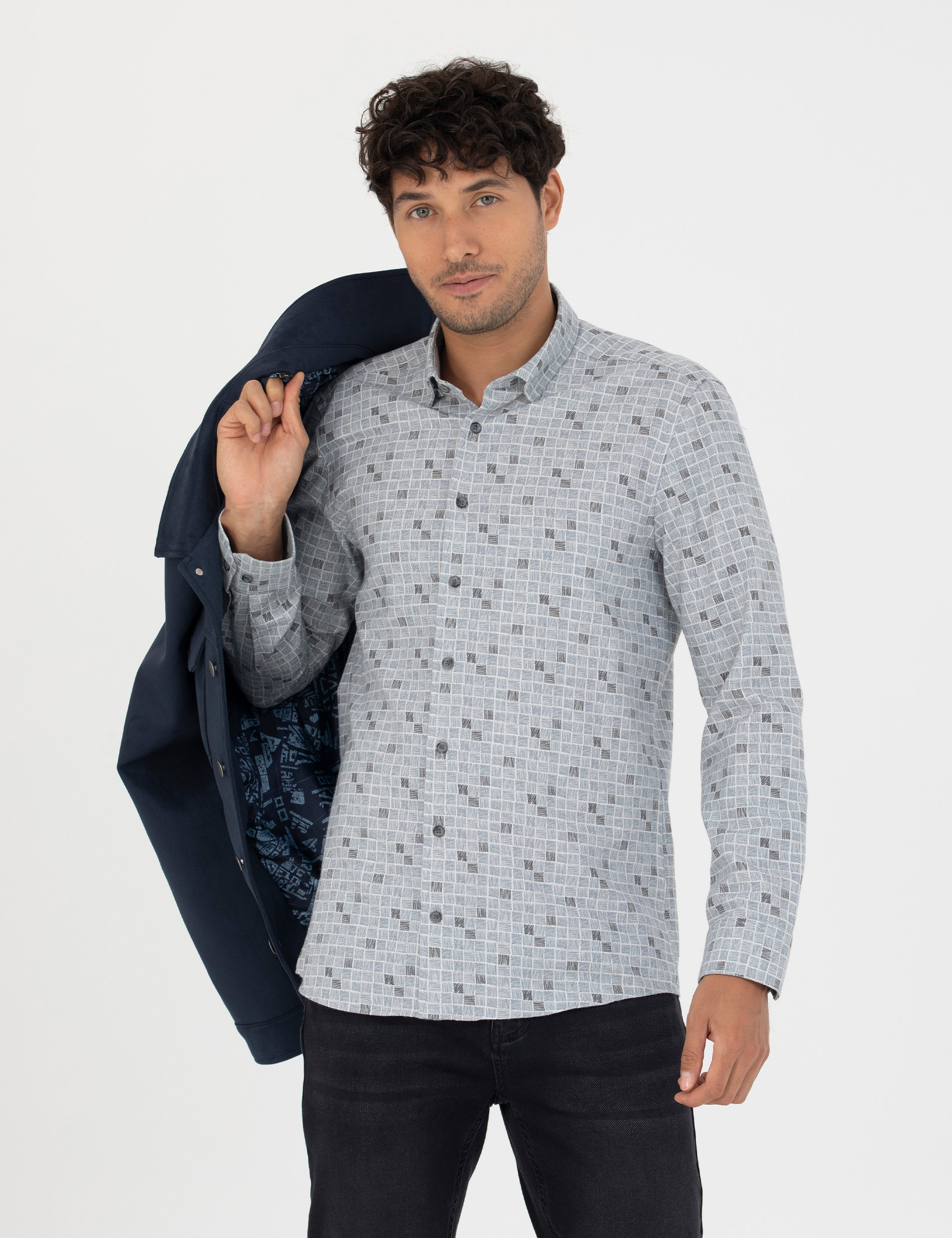Mavi Slim Fit Uzun Kollu Gömlek - Image 3