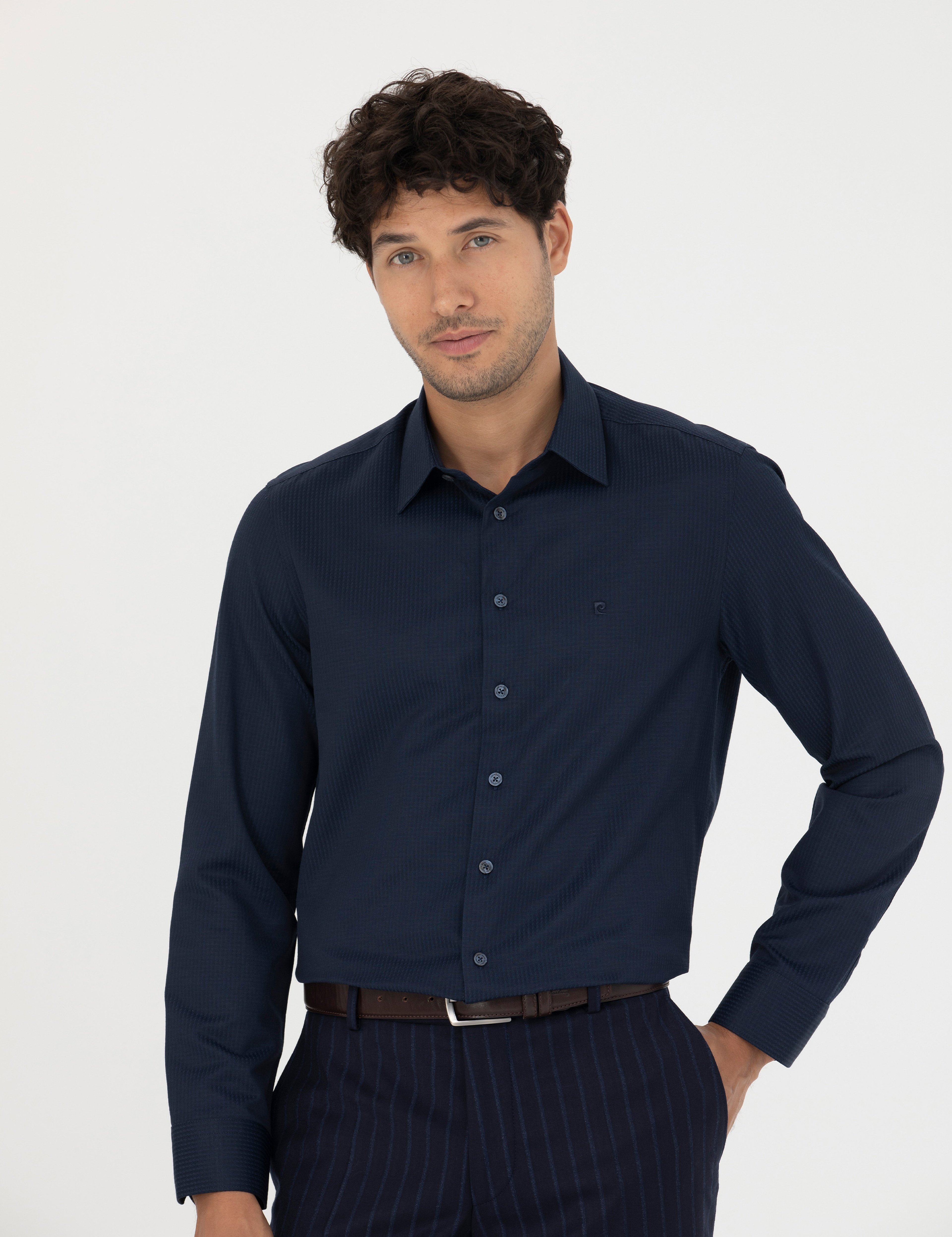 Lacivert Slim Fit Armürlü Uzun Kollu Gömlek - Image 1