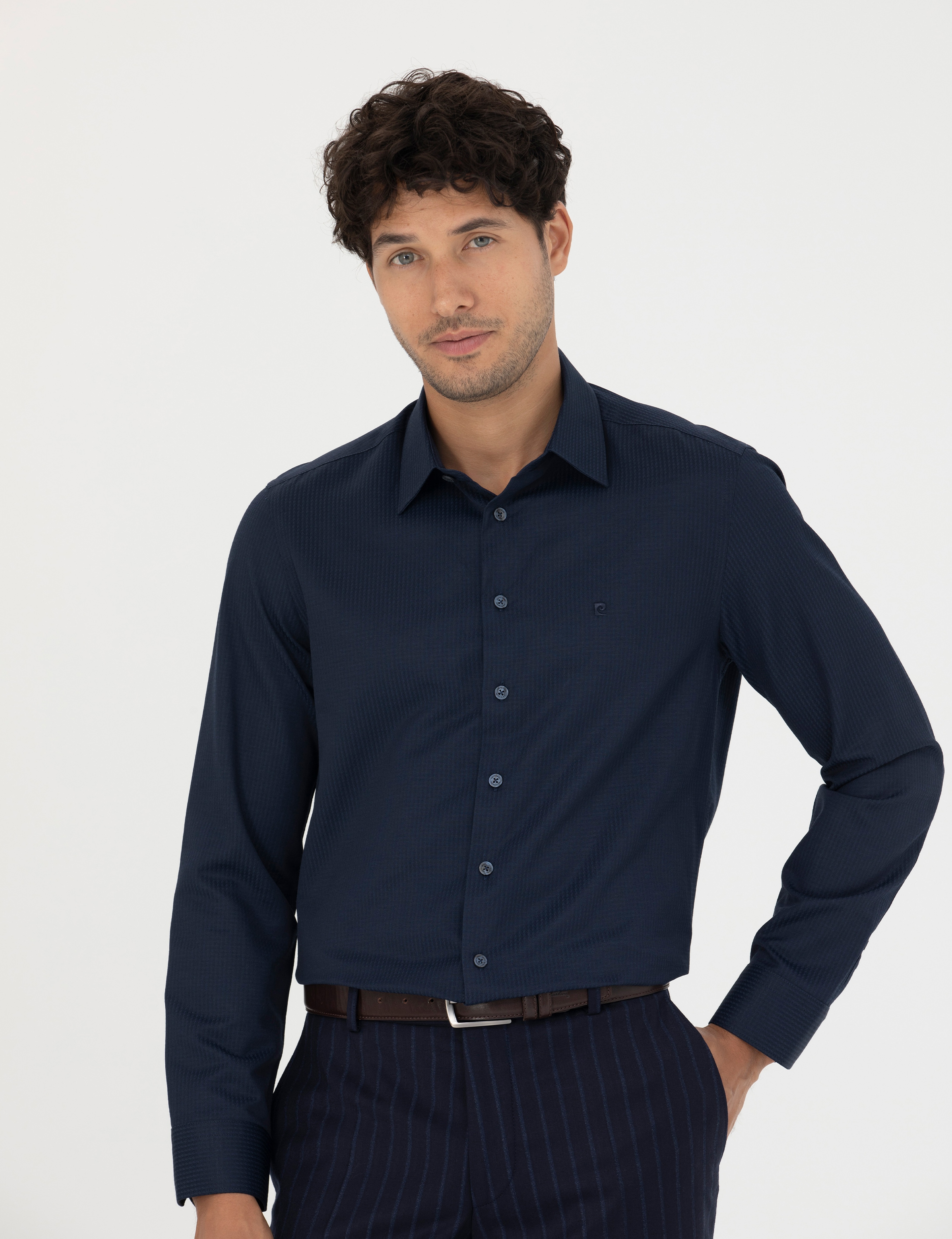 Lacivert Slim Fit Armürlü Uzun Kollu Gömlek