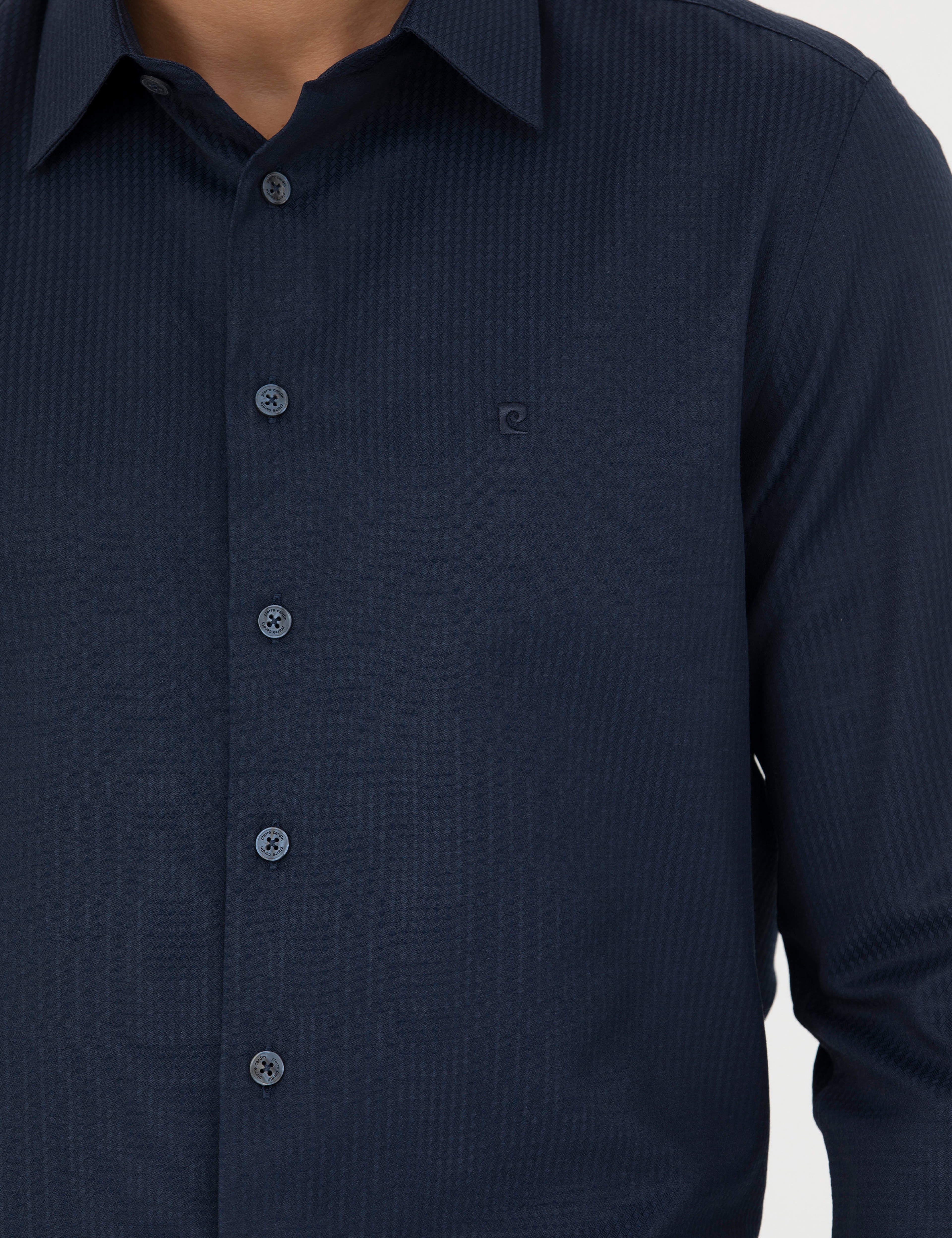 Lacivert Slim Fit Armürlü Uzun Kollu Gömlek