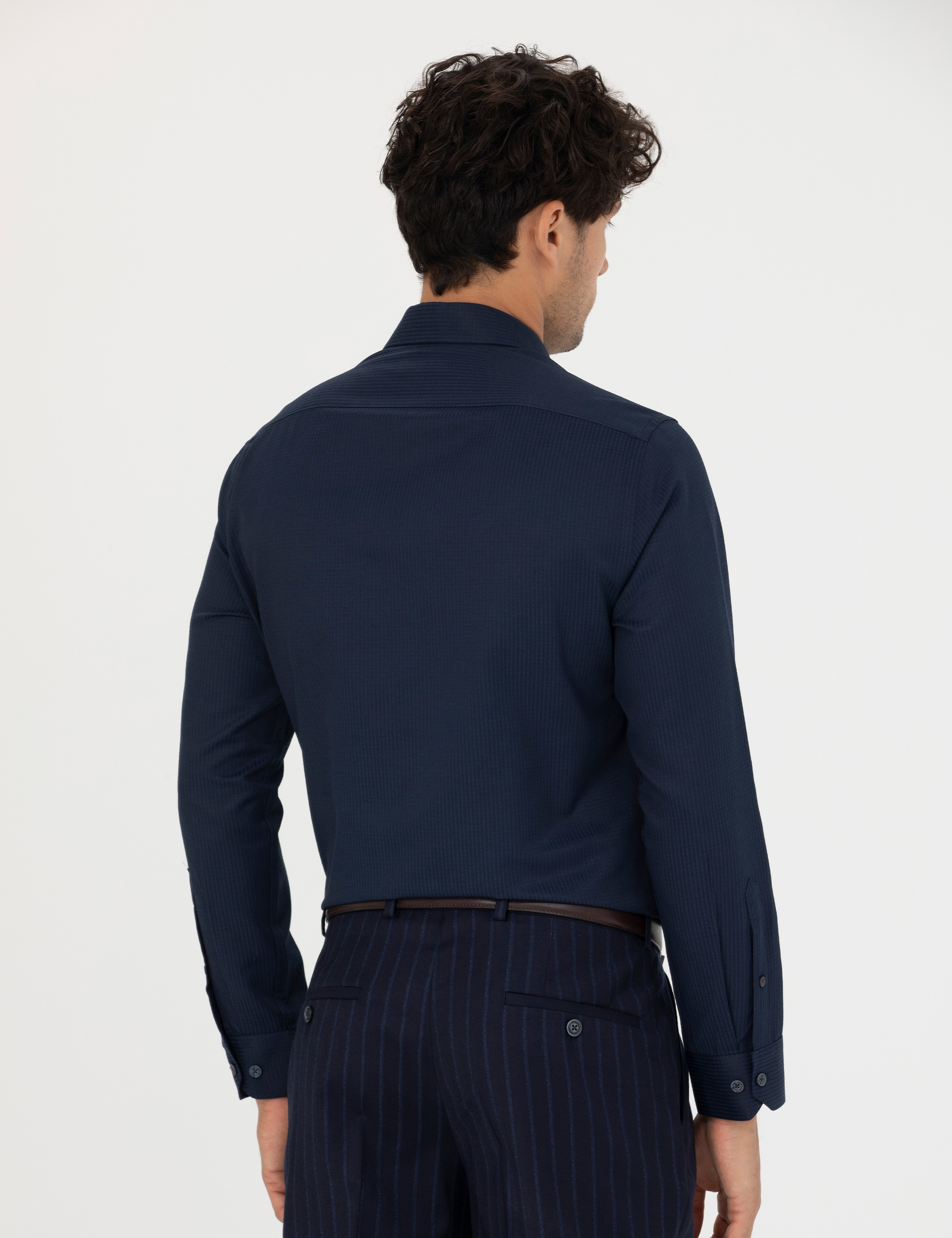 Lacivert Slim Fit Armürlü Uzun Kollu Gömlek