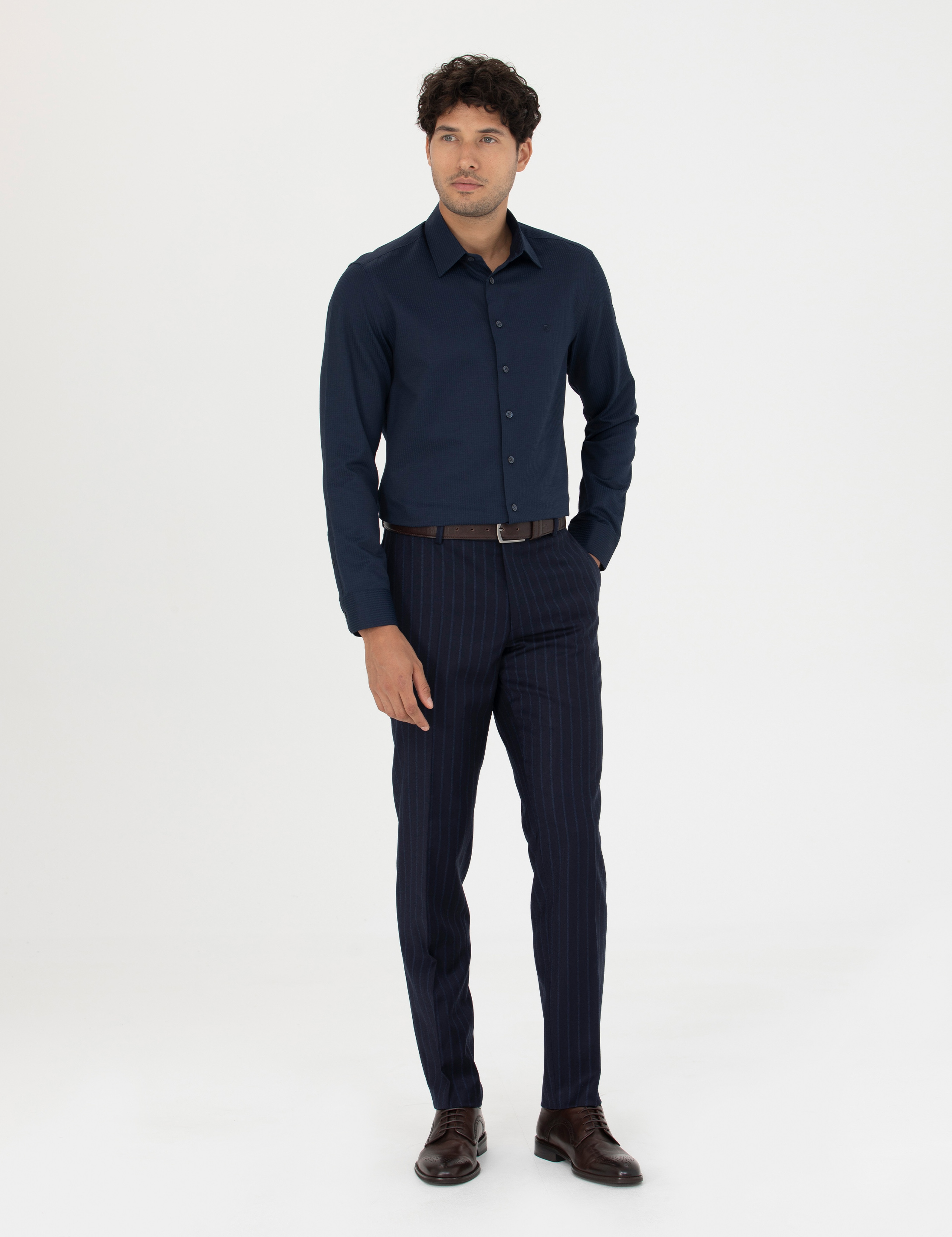 Lacivert Slim Fit Armürlü Uzun Kollu Gömlek - Image 4