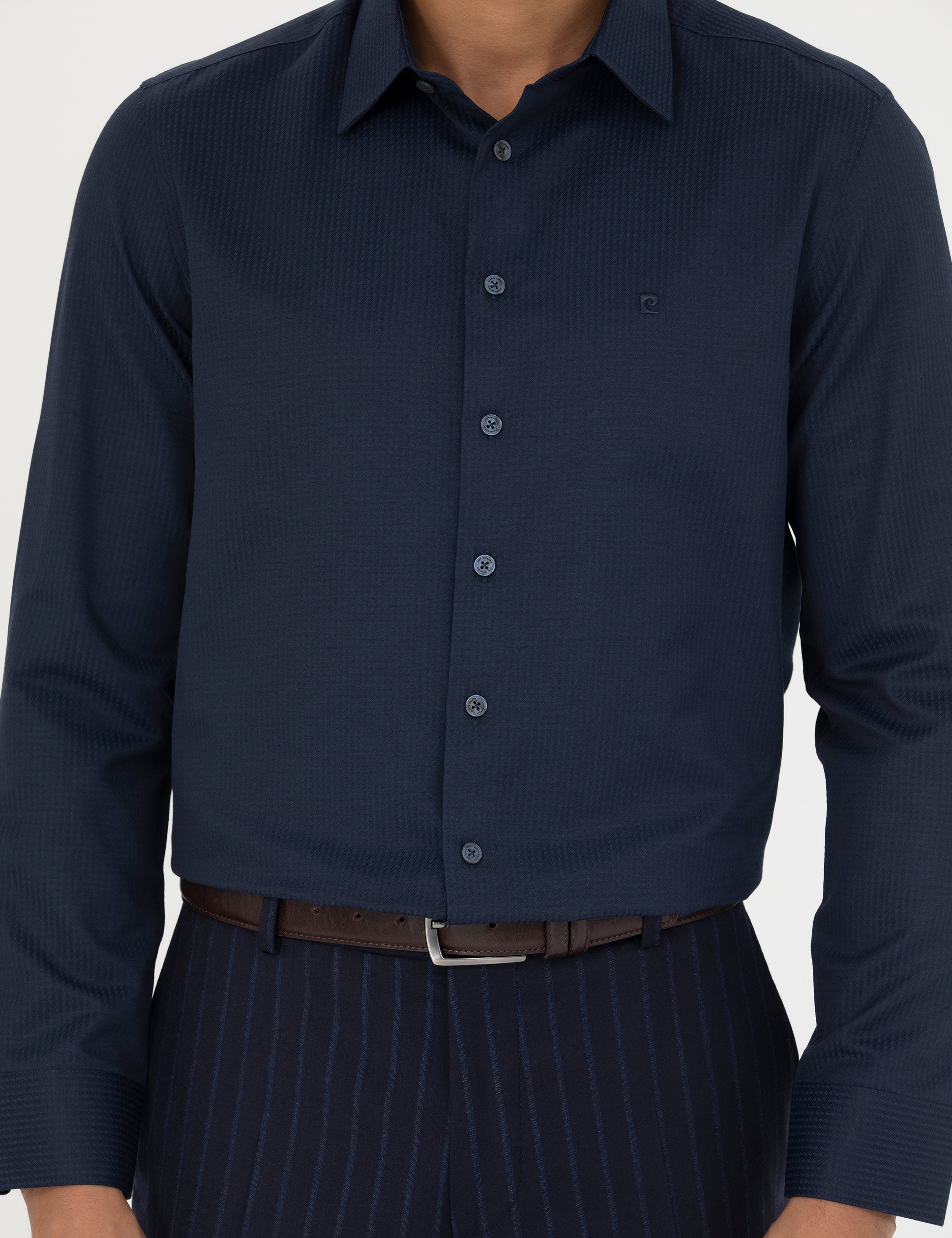 Lacivert Slim Fit Armürlü Uzun Kollu Gömlek