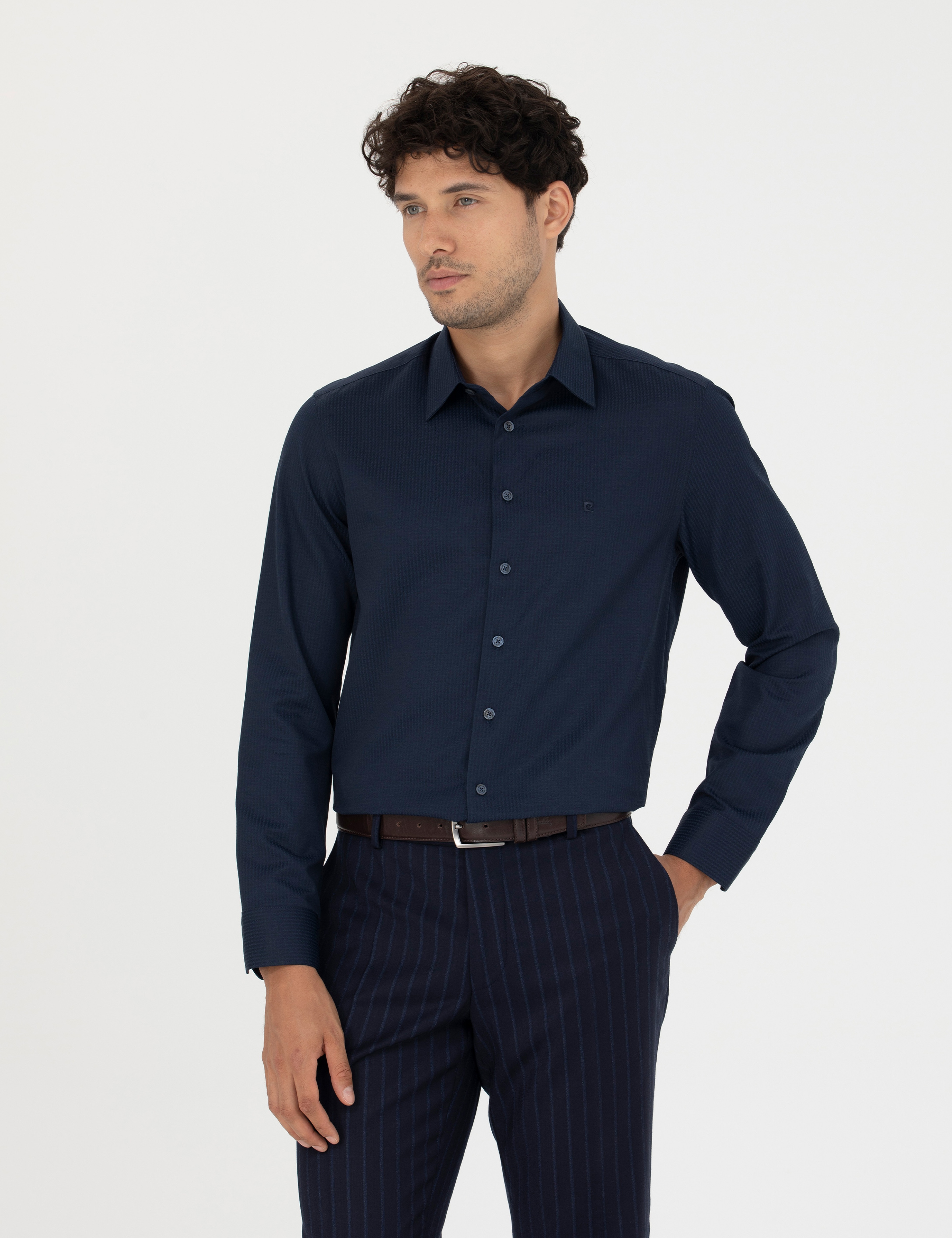 Lacivert Slim Fit Armürlü Uzun Kollu Gömlek - Image 3