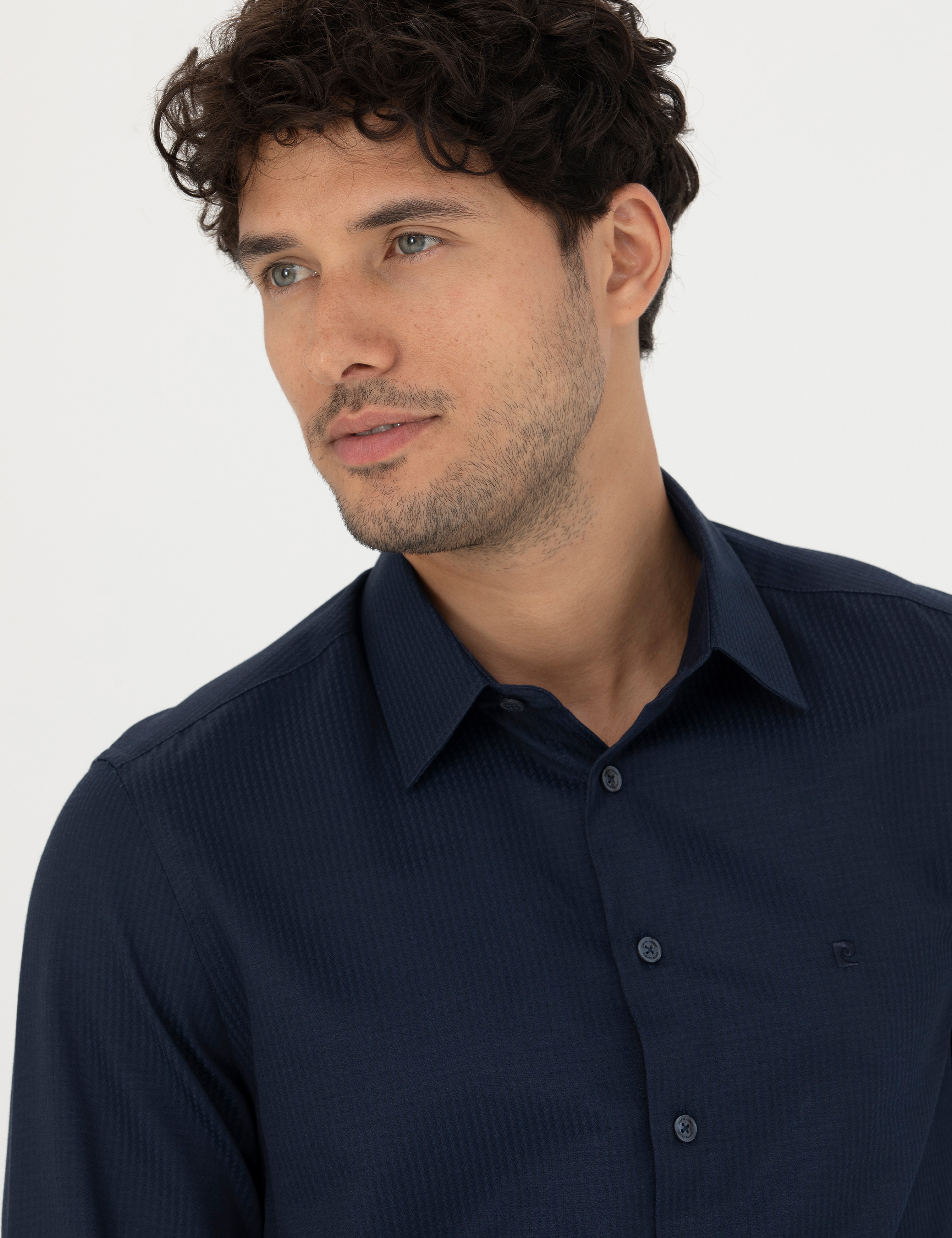 Lacivert Slim Fit Armürlü Uzun Kollu Gömlek - Image 2