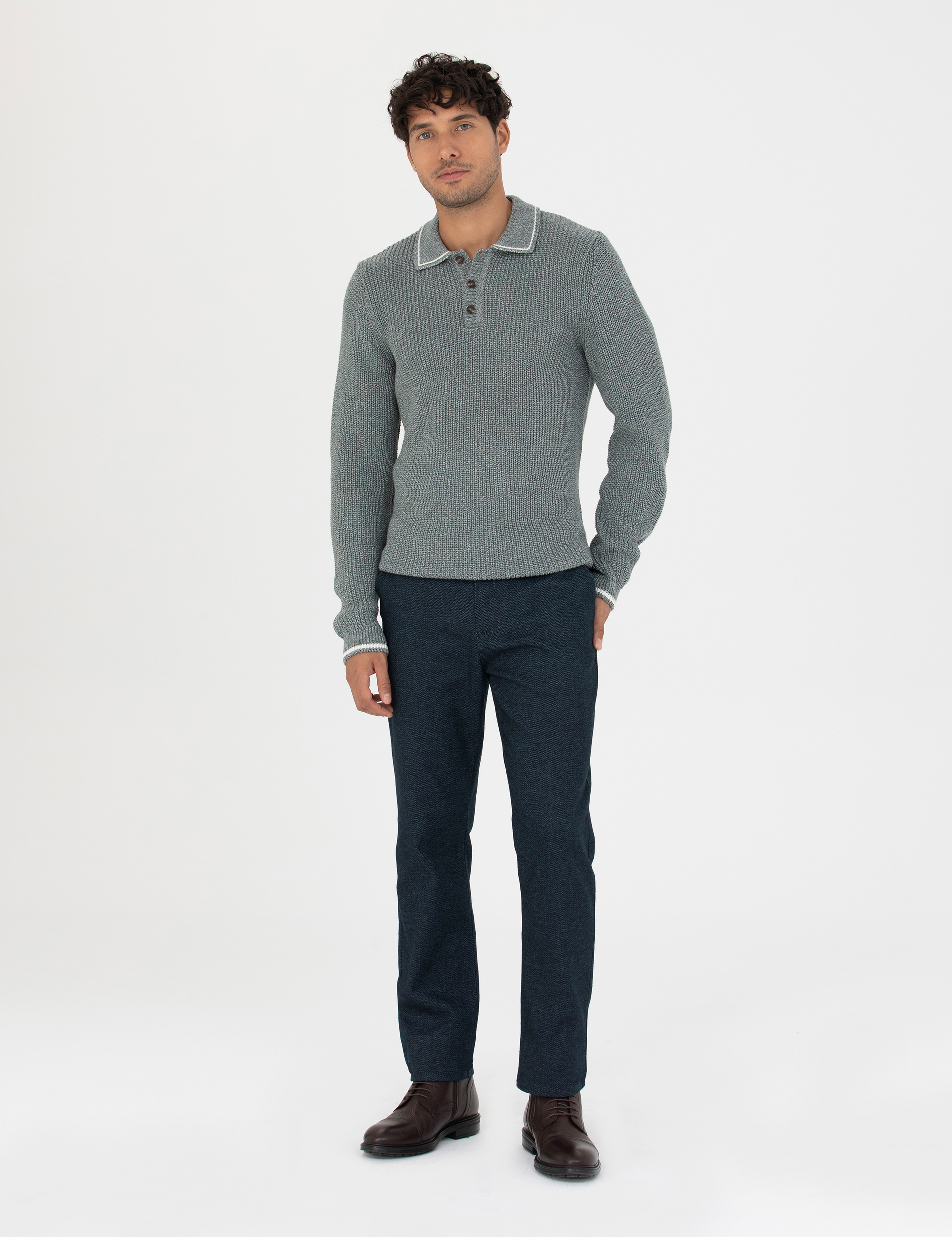 Yeşil Slim Fit Düğmeli Polo Yaka Triko Kazak - Image 4