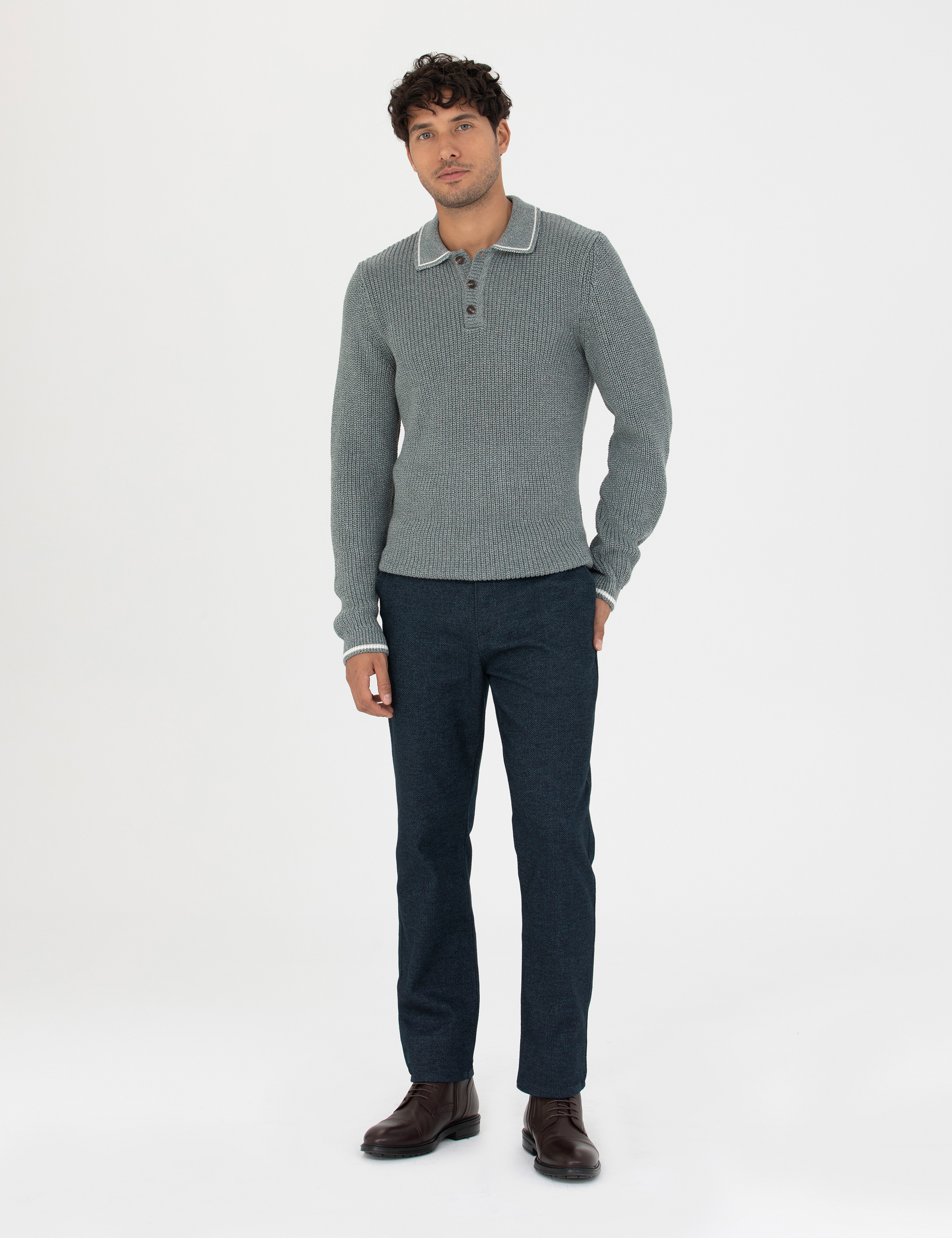 Yeşil Slim Fit Düğmeli Polo Yaka Triko Kazak