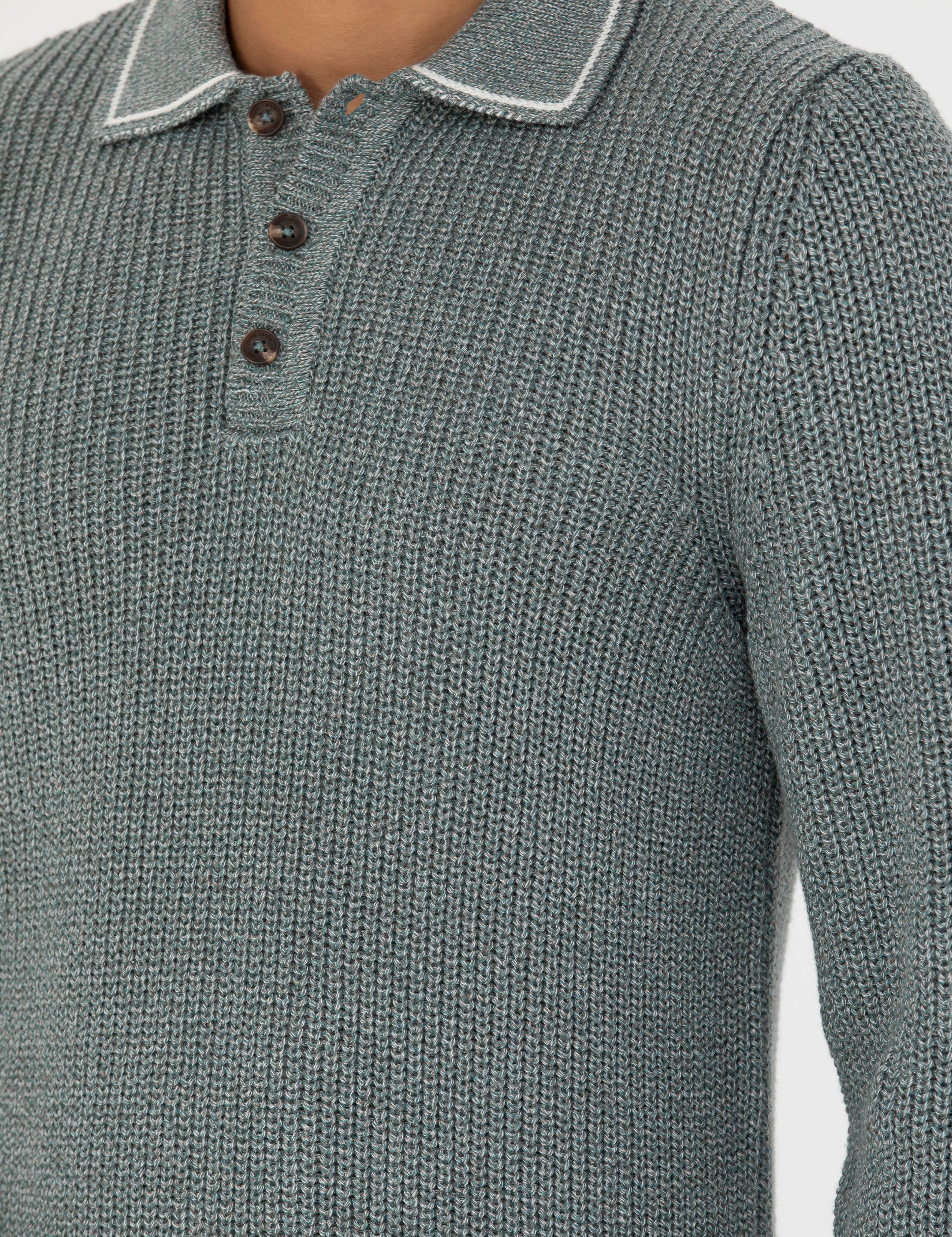 Yeşil Slim Fit Düğmeli Polo Yaka Triko Kazak - Image 7