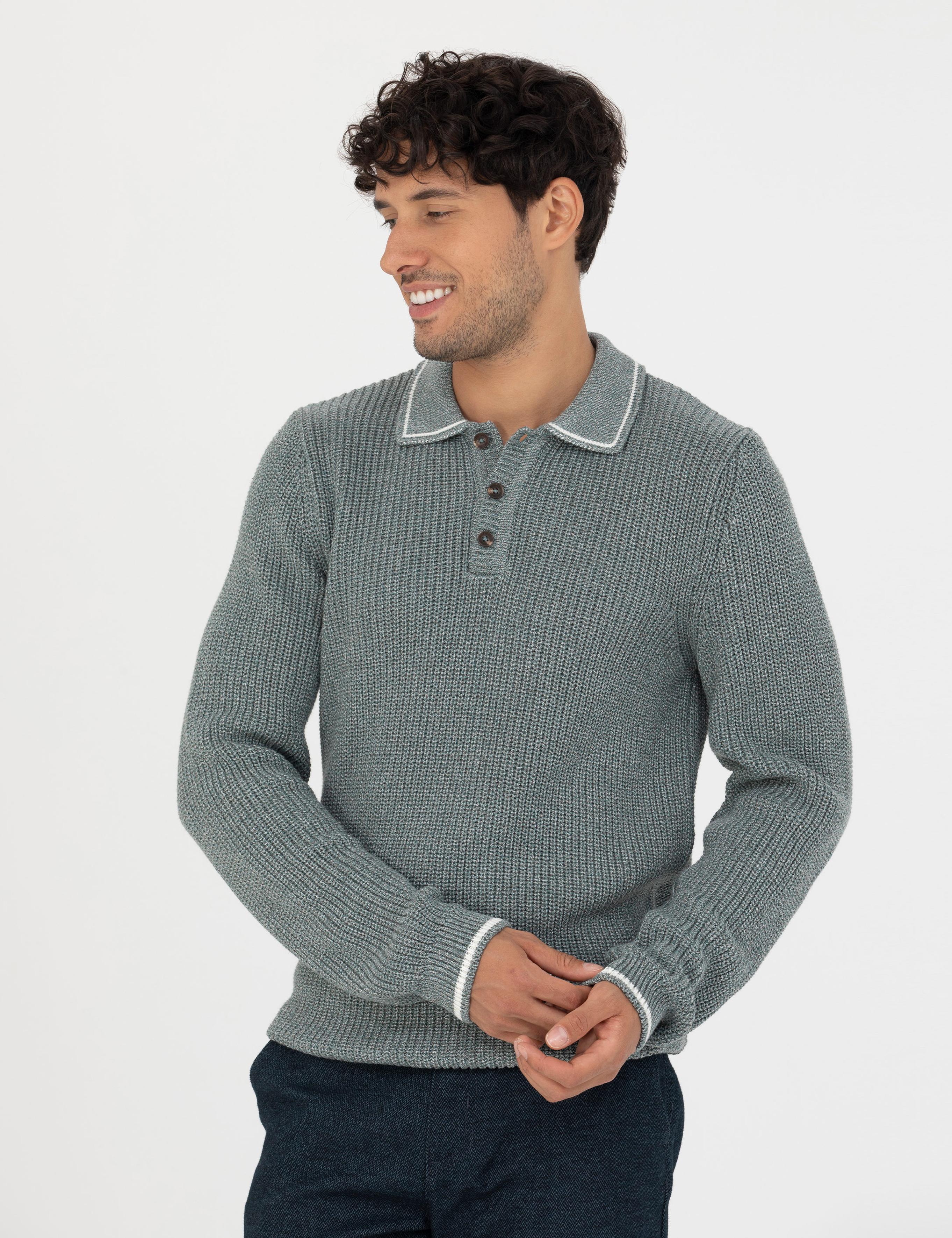 Yeşil Slim Fit Düğmeli Polo Yaka Triko Kazak