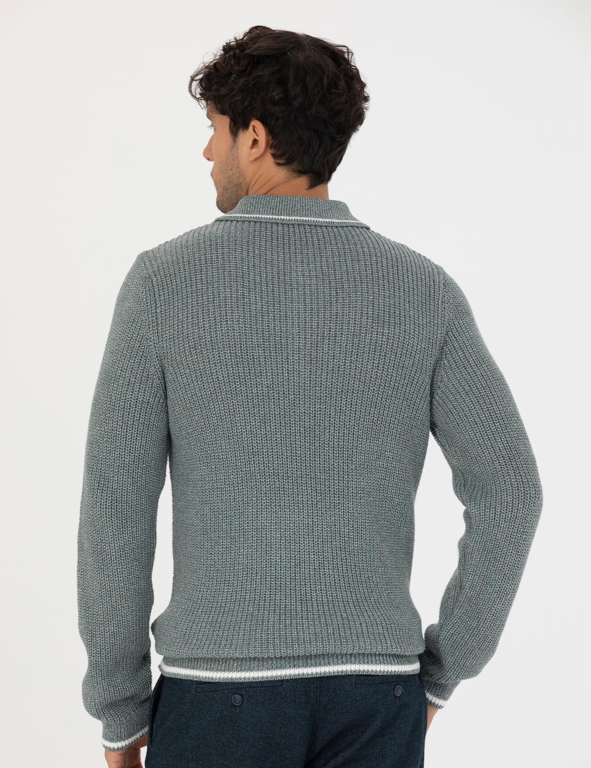 Yeşil Slim Fit Düğmeli Polo Yaka Triko Kazak - 50260288011