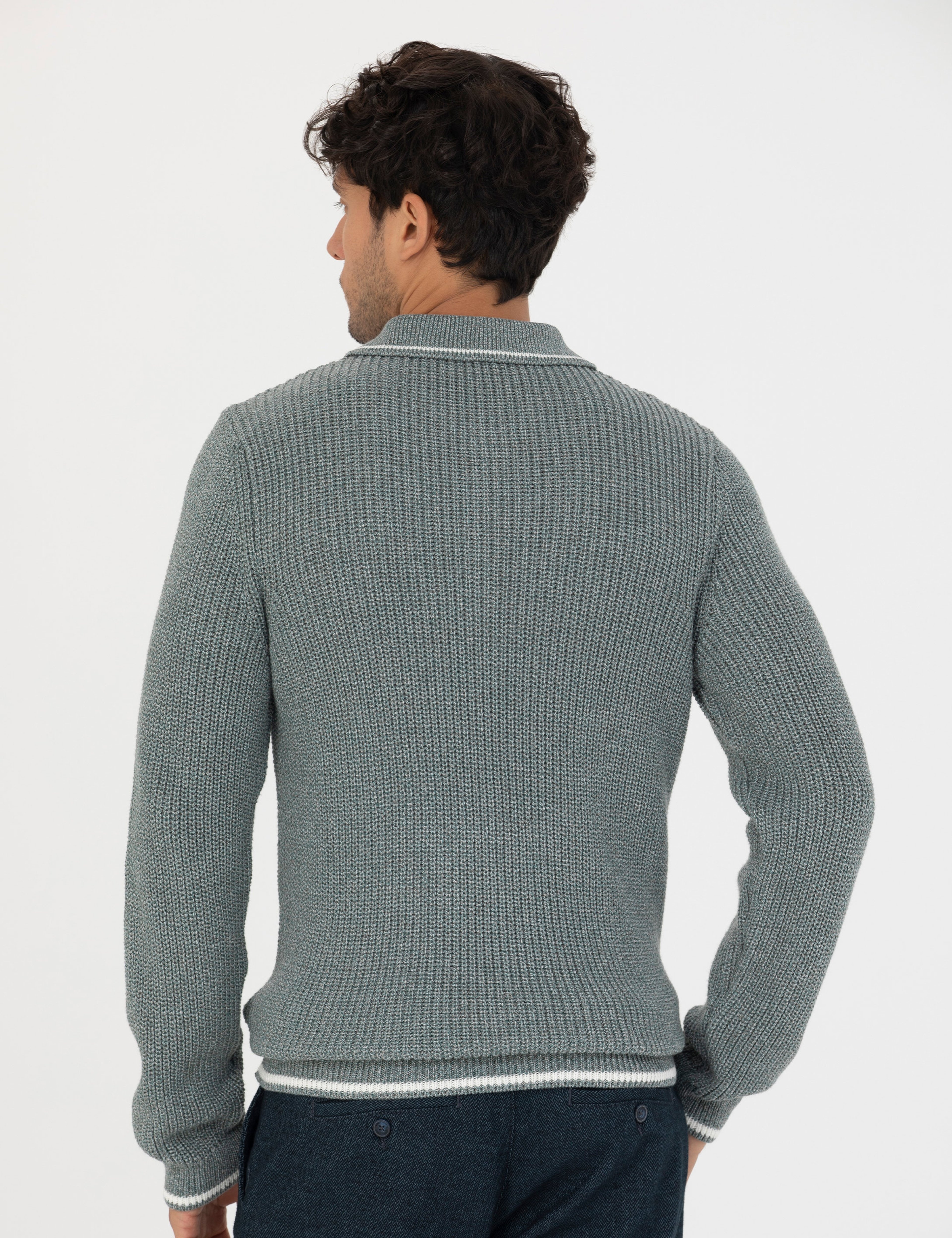 Yeşil Slim Fit Düğmeli Polo Yaka Triko Kazak - Image 5