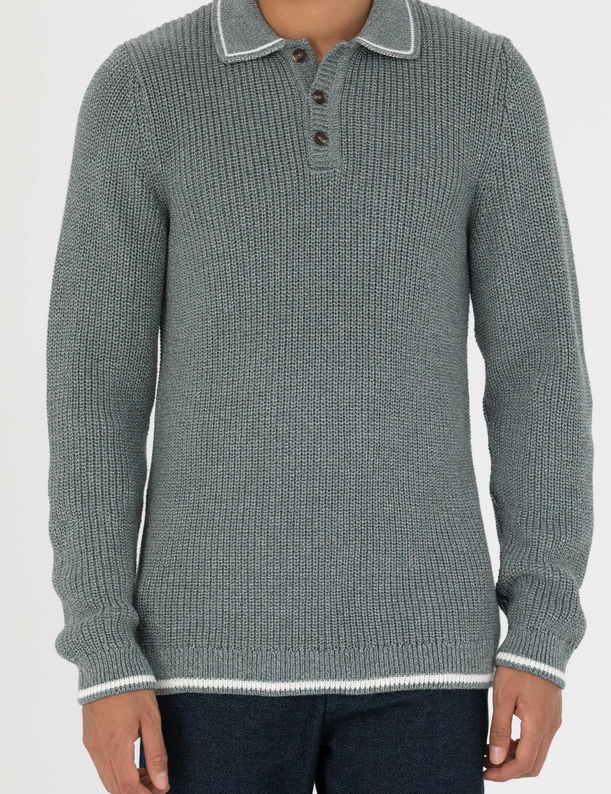 Yeşil Slim Fit Düğmeli Polo Yaka Triko Kazak - 50260288011