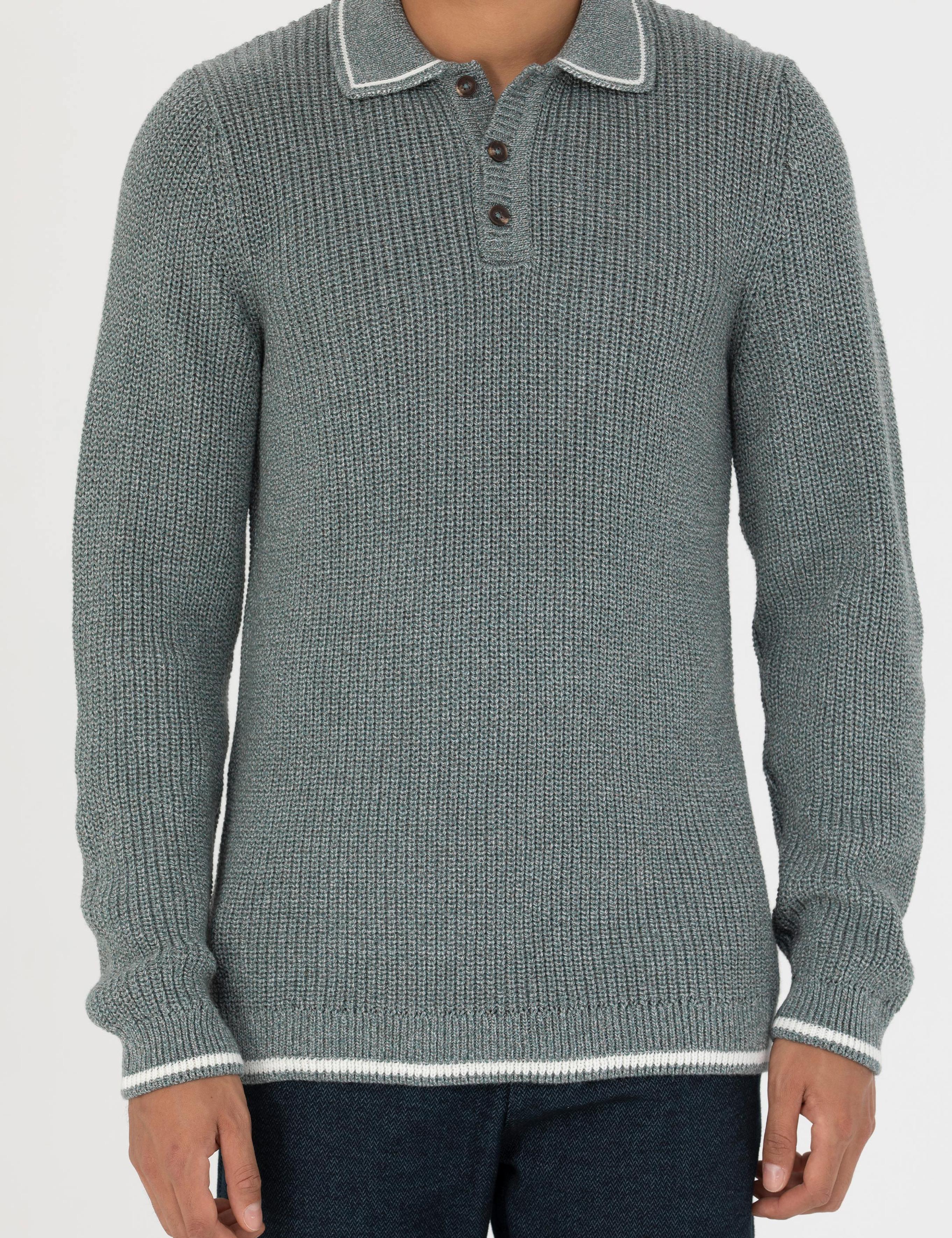 Yeşil Slim Fit Düğmeli Polo Yaka Triko Kazak