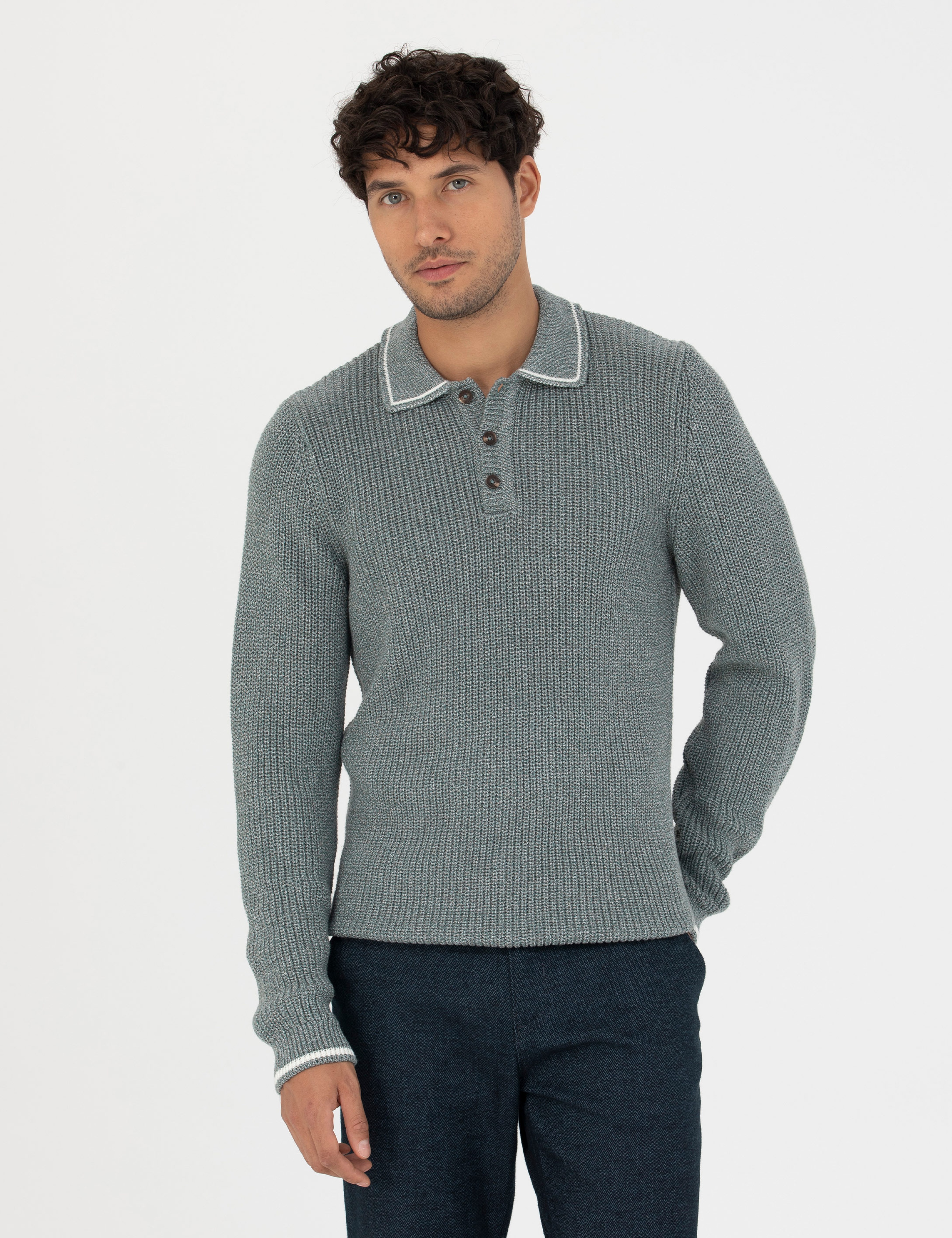 Yeşil Slim Fit Düğmeli Polo Yaka Triko Kazak - Image 3