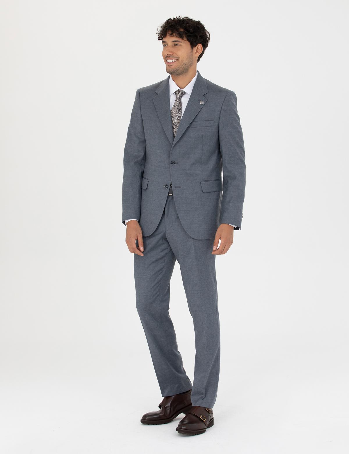 %100 Yün Mavi Slim Fit Takım Elbise - 50272759044