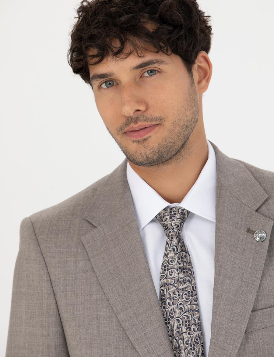 %100 Yün Açık Kahverengi Slim Fit Takım Elbise