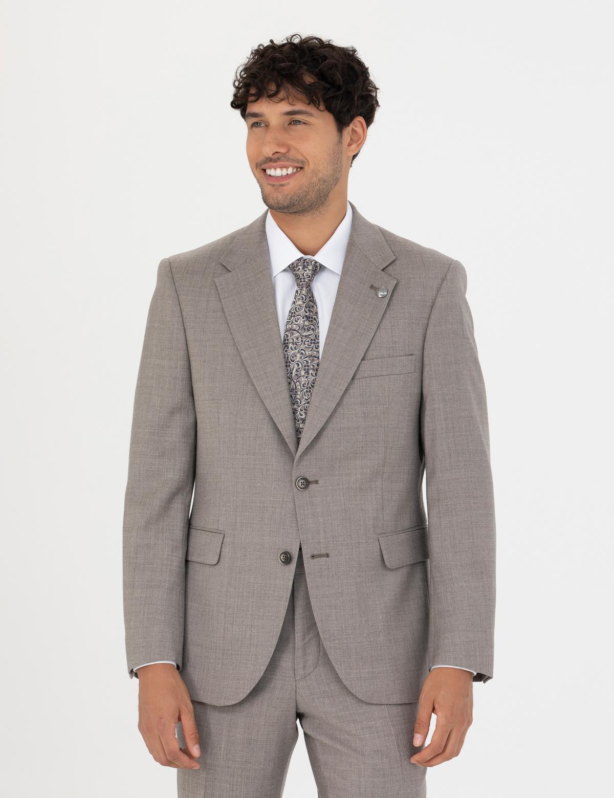 %100 Yün Açık Kahverengi Slim Fit Takım Elbise - 50272759089