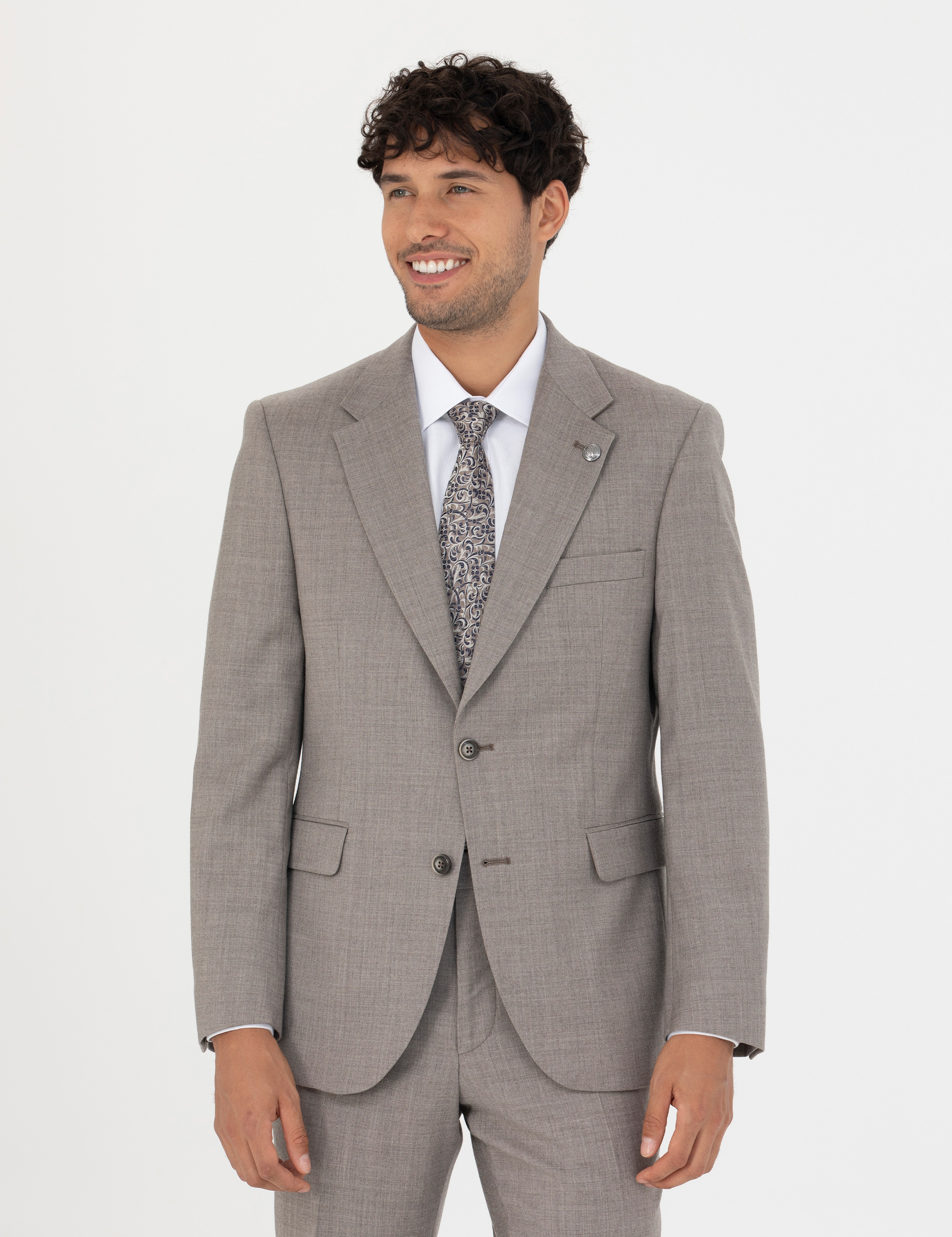 %100 Yün Açık Kahverengi Slim Fit Takım Elbise - Image 4