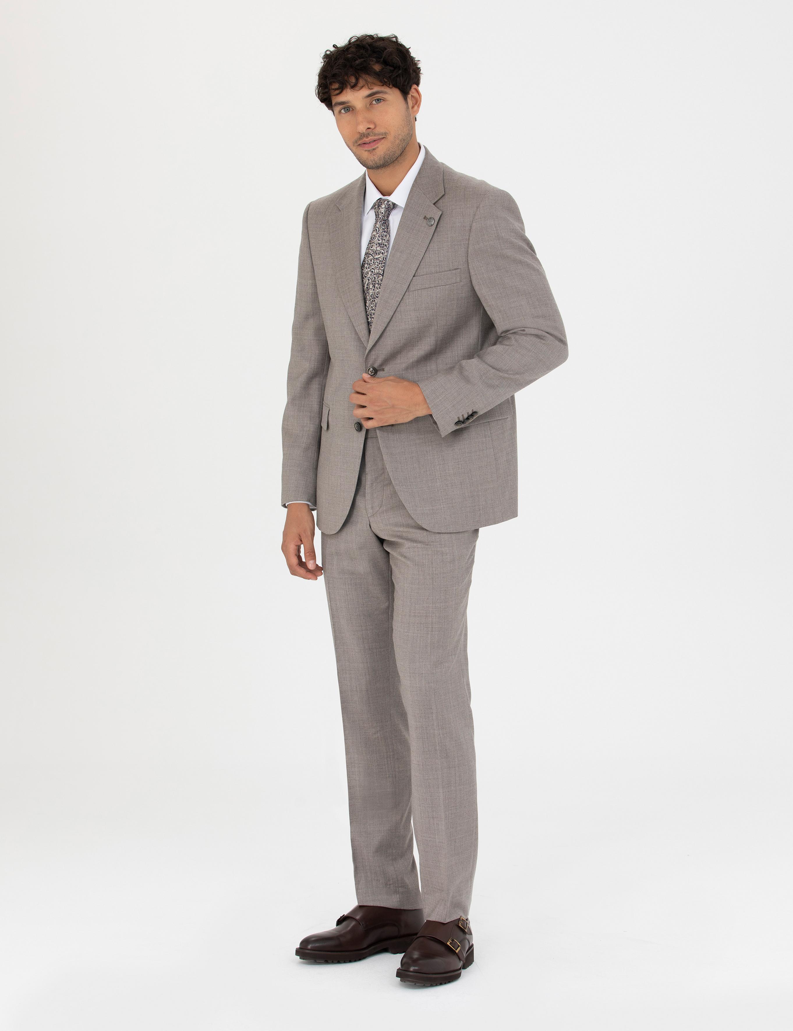 %100 Yün Açık Kahverengi Slim Fit Takım Elbise