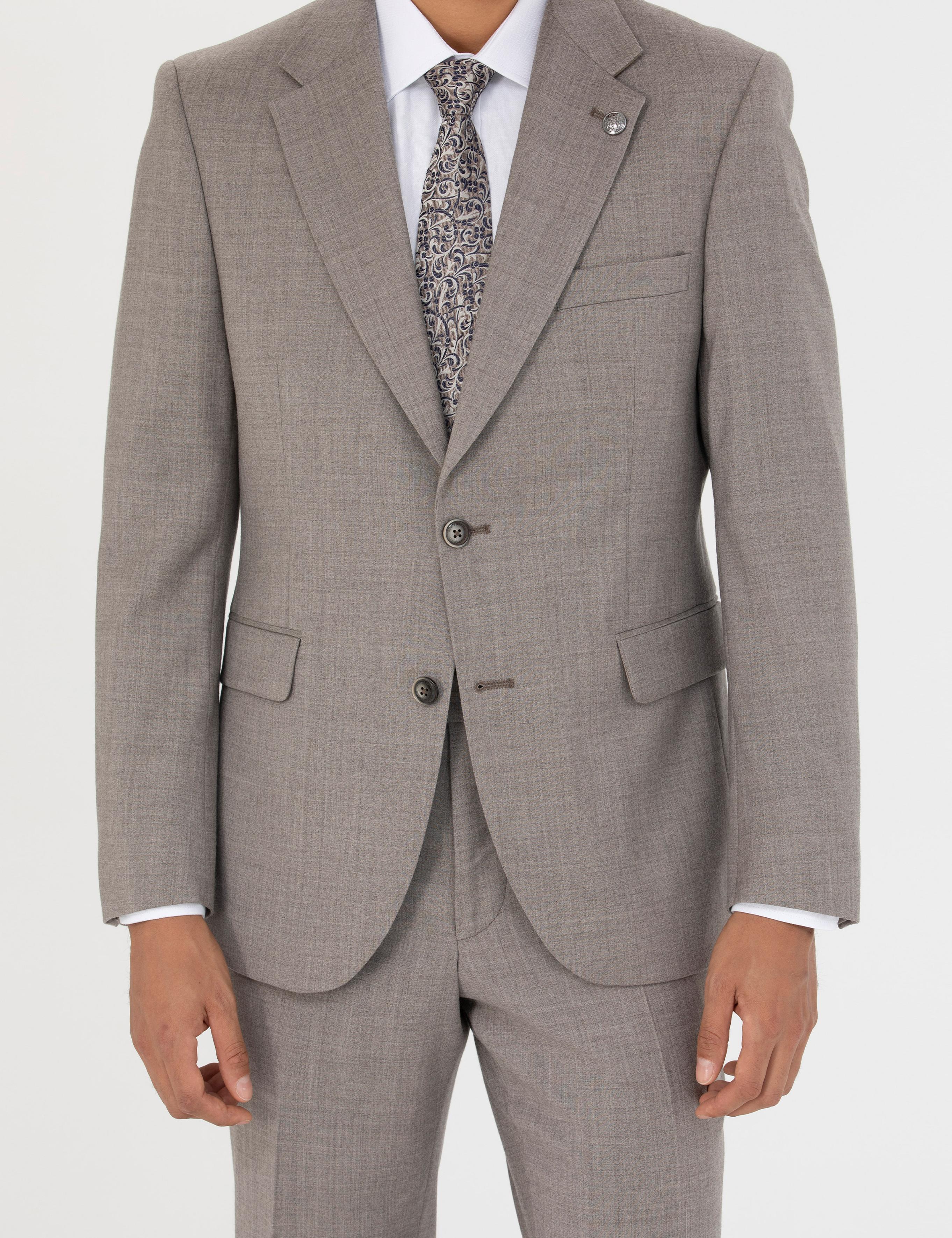 %100 Yün Açık Kahverengi Slim Fit Takım Elbise