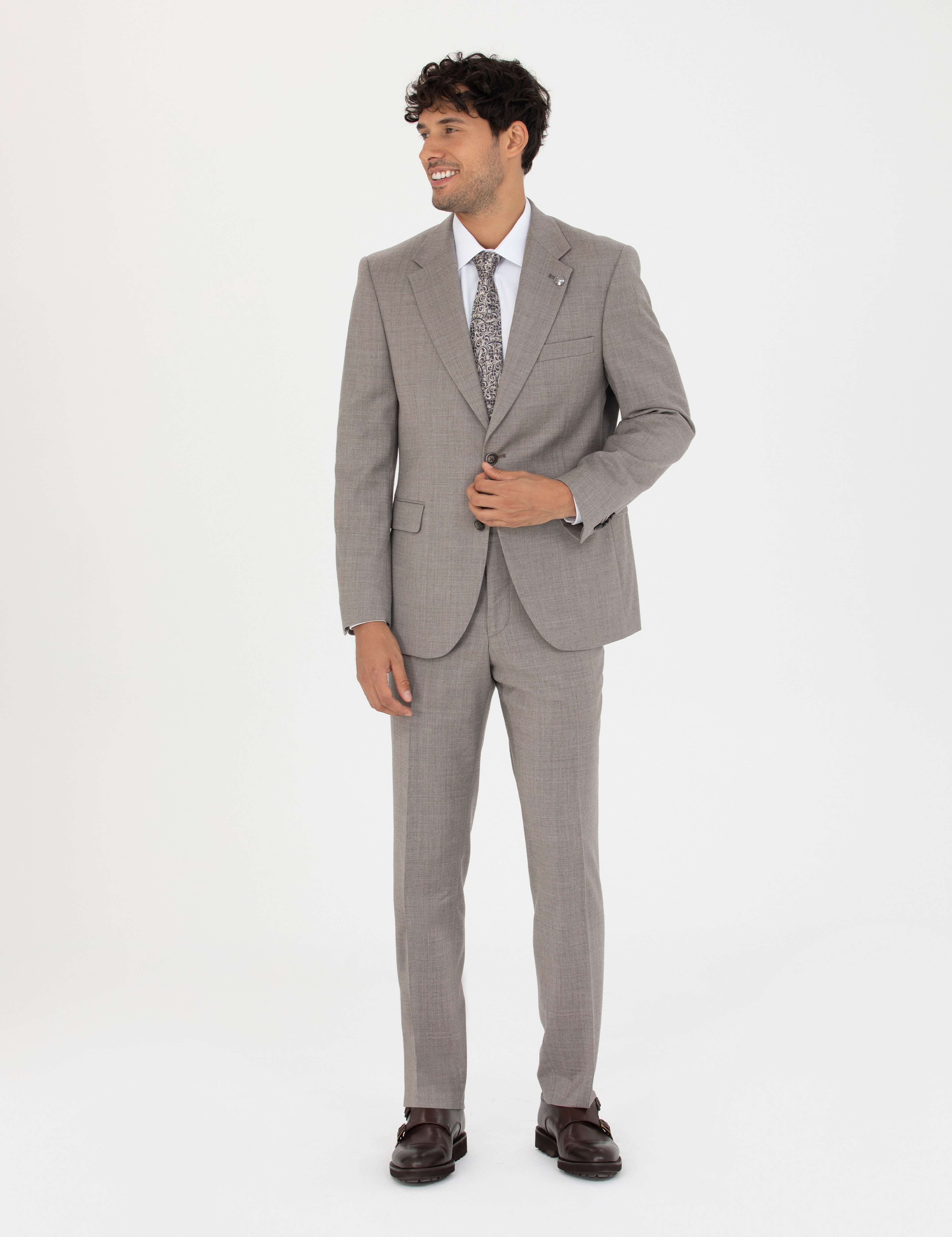 %100 Yün Açık Kahverengi Slim Fit Takım Elbise - Image 1