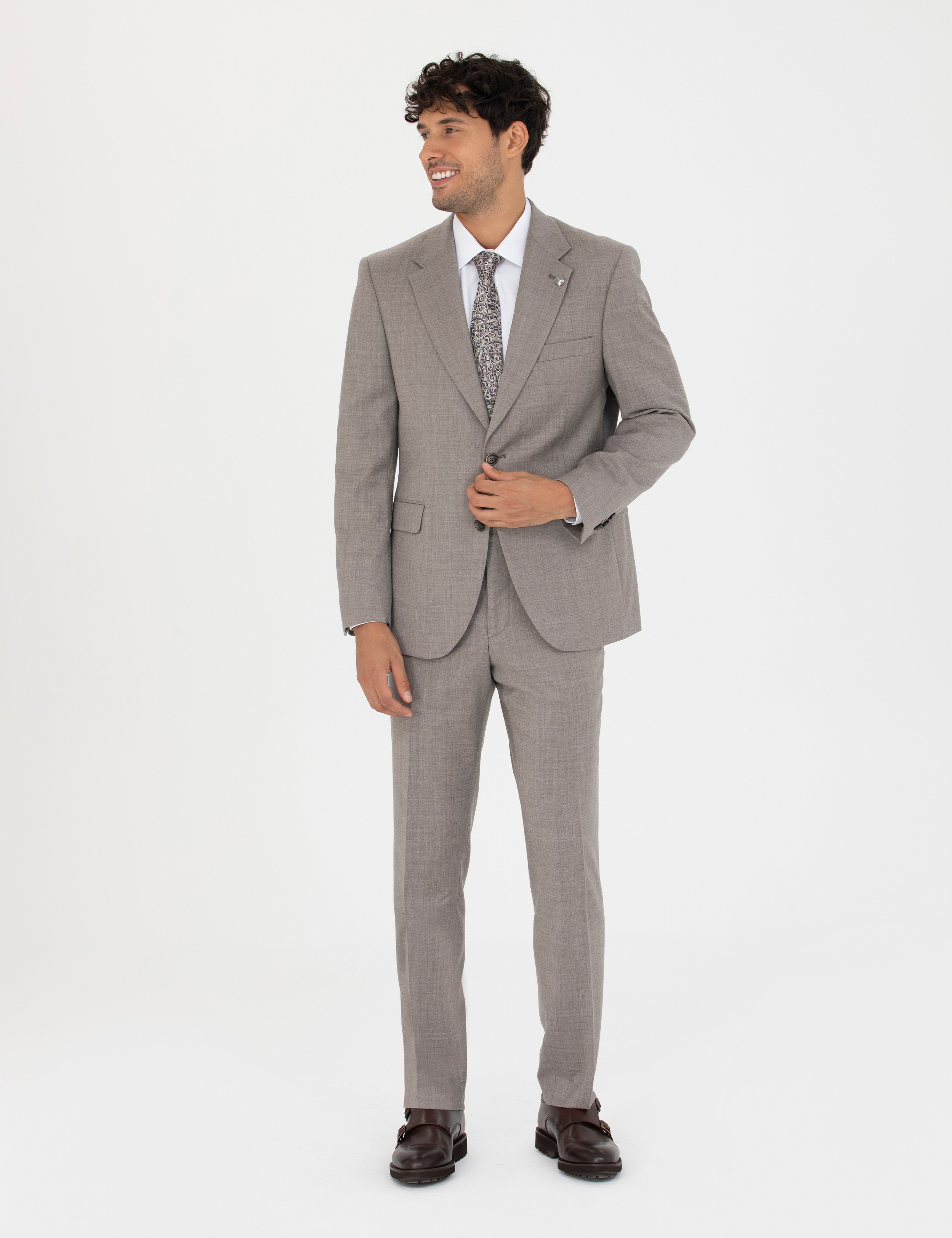 %100 Yün Açık Kahverengi Slim Fit Takım Elbise