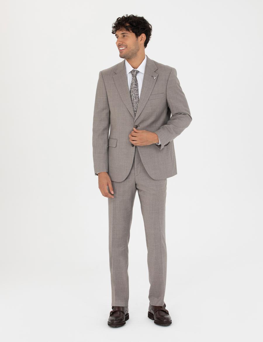 %100 Yün Açık Kahverengi Slim Fit Takım Elbise