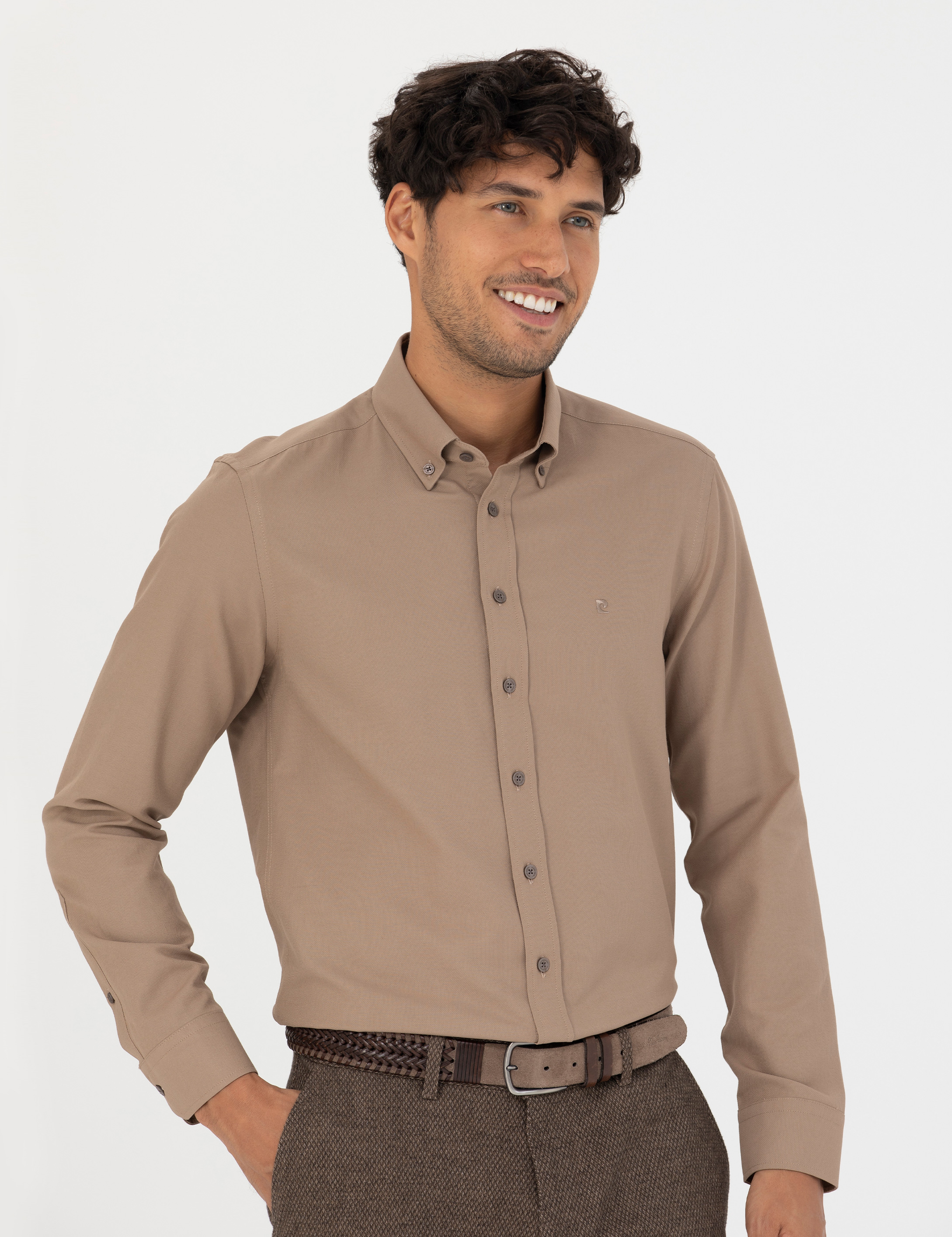 Açık Kahverengi Slim Fit Uzun Kollu Gömlek - Image 3