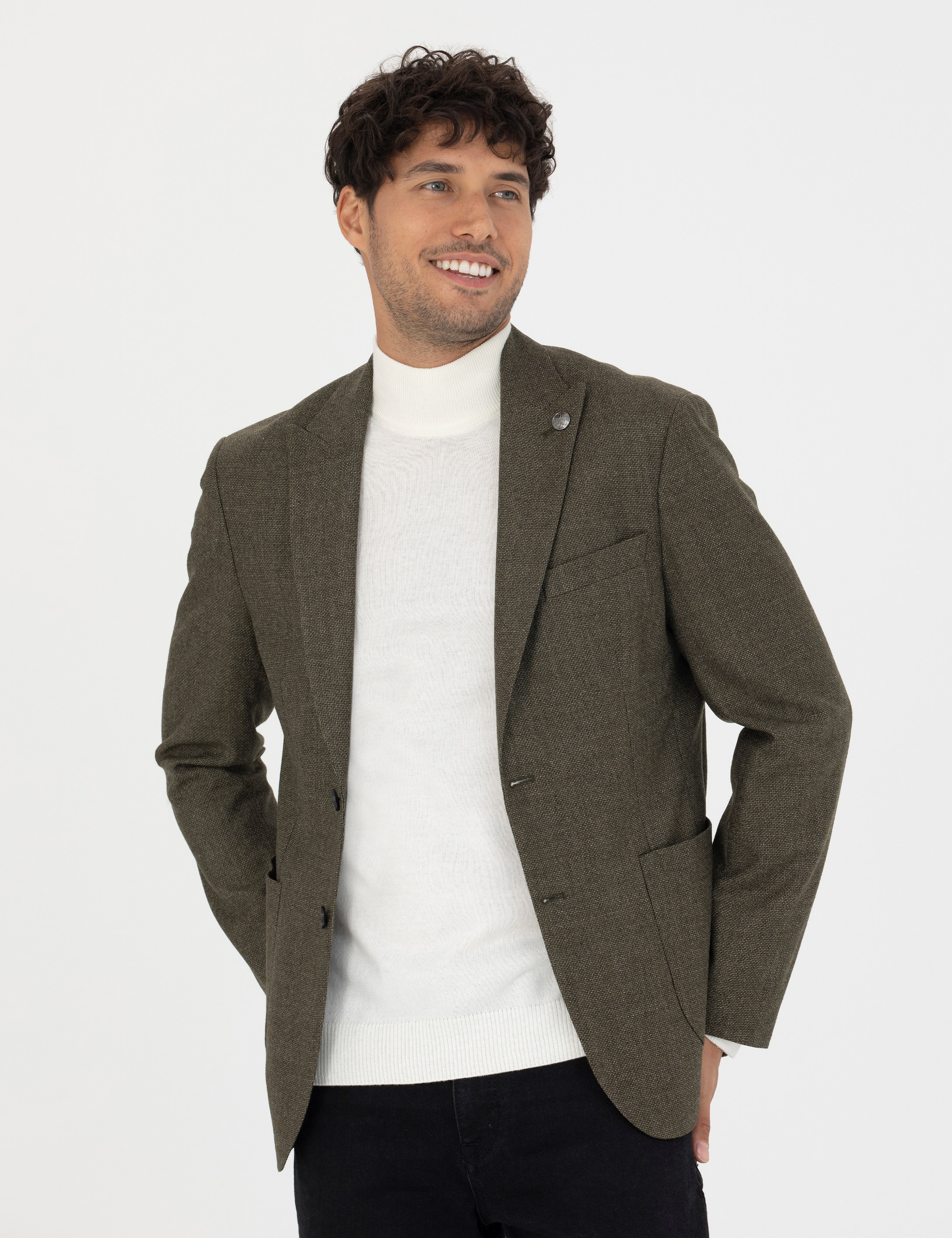 %100 Yün Haki Slim Fit Ceket - Image 3