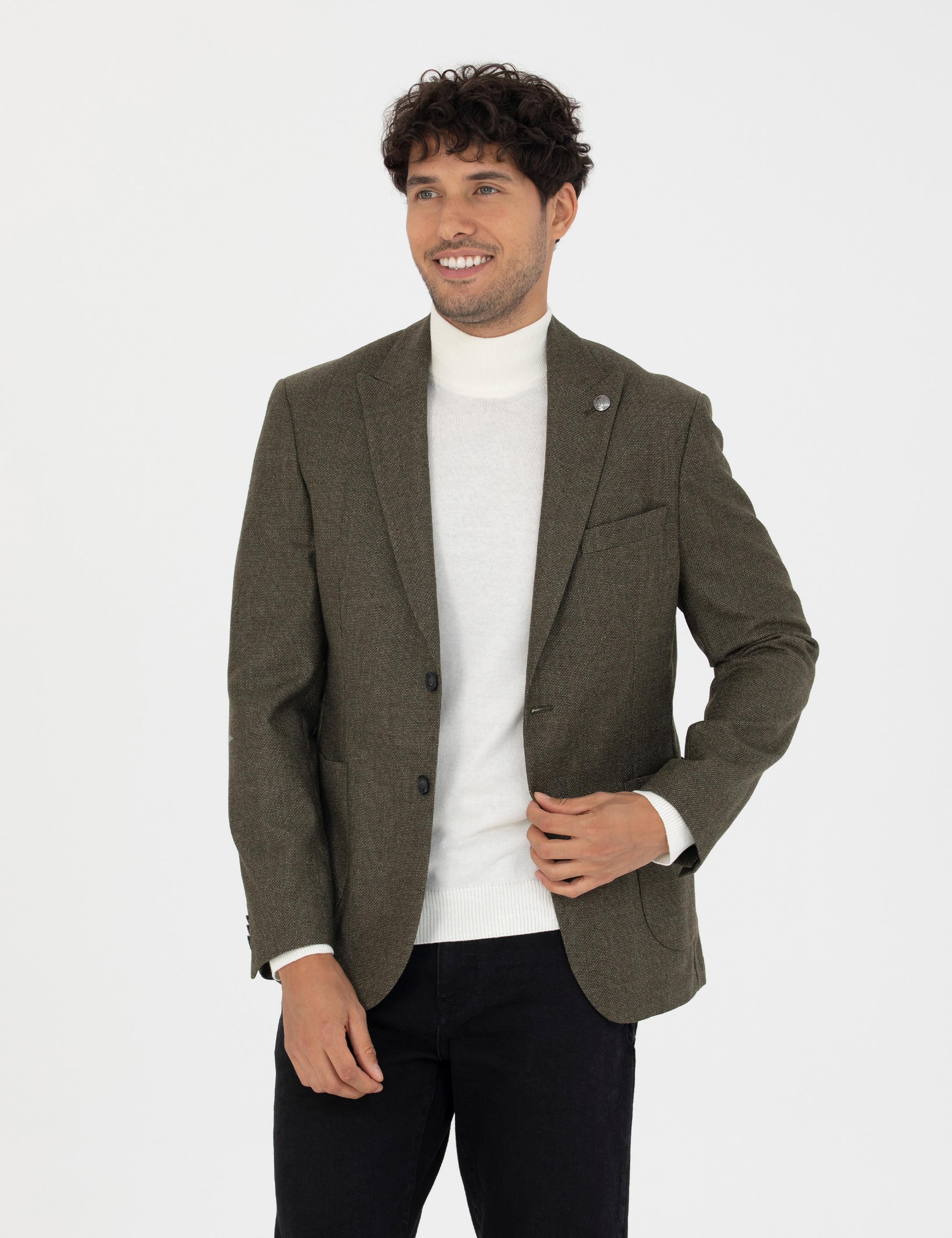 %100 Yün Haki Slim Fit Ceket