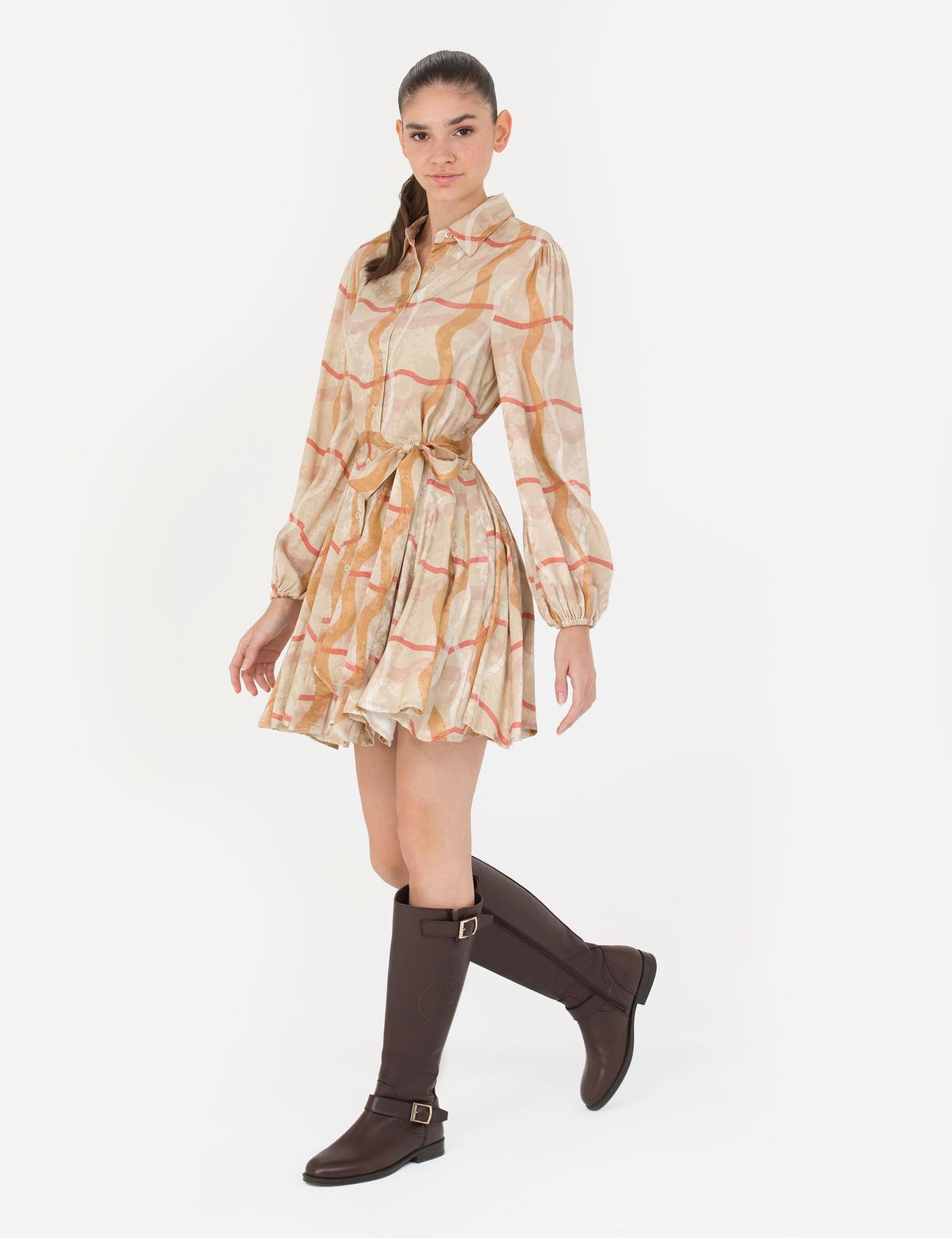 Bej Comfort Fit Dokuma Elbise - 50272961022