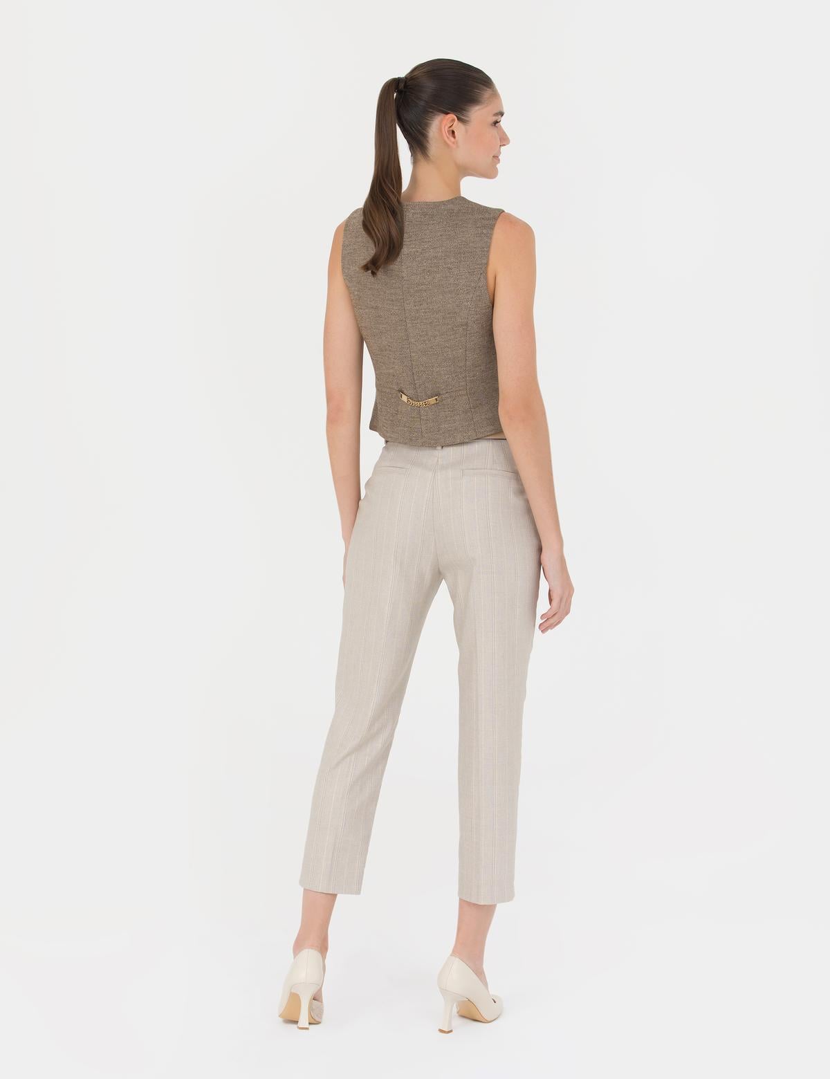 Bej Çizgili Kumaş Pantolon - 50273067004