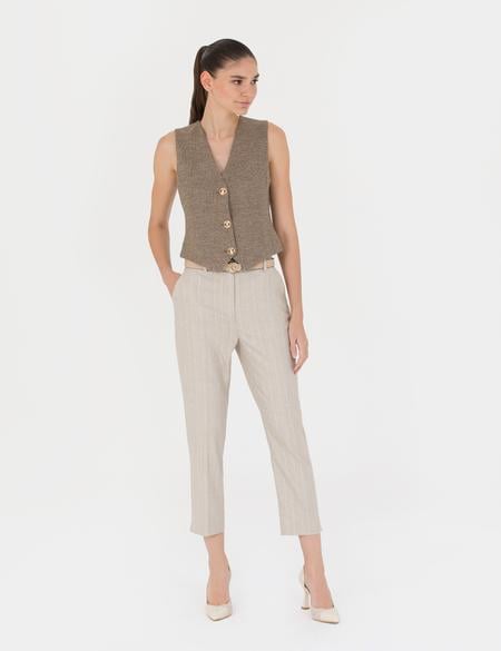 Bej Çizgili Kumaş Pantolon - 50273067004