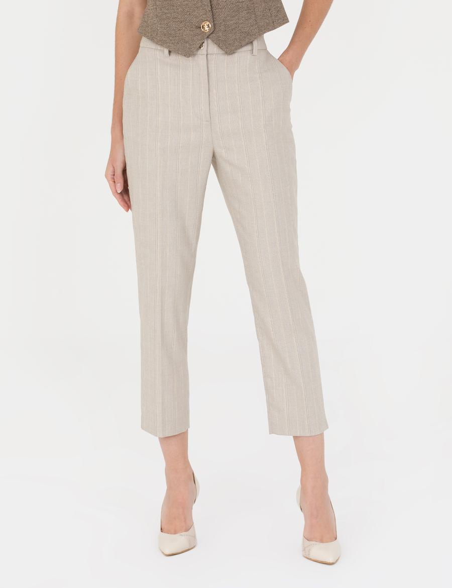 Bej Çizgili Kumaş Pantolon