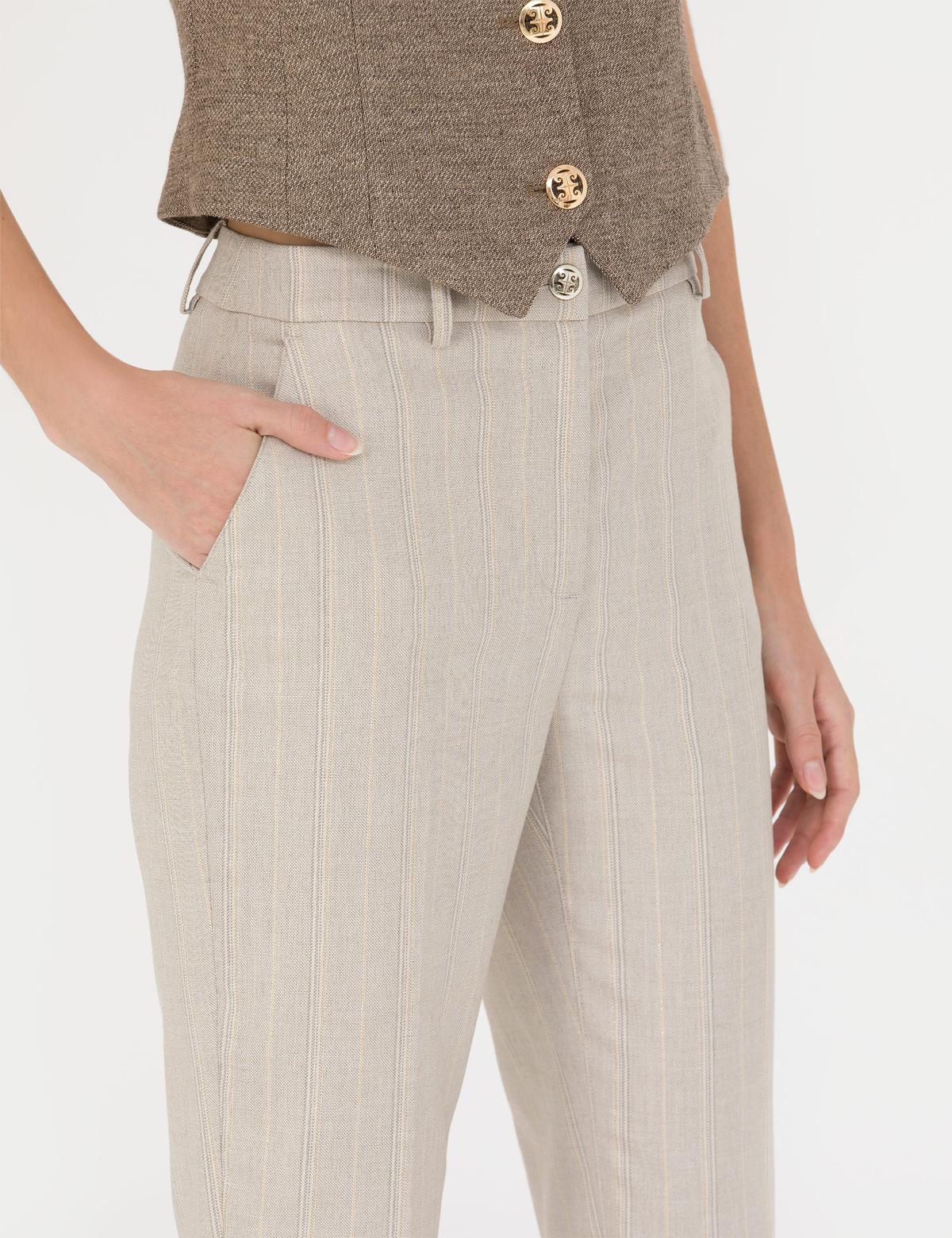 Bej Çizgili Kumaş Pantolon - 50273067004