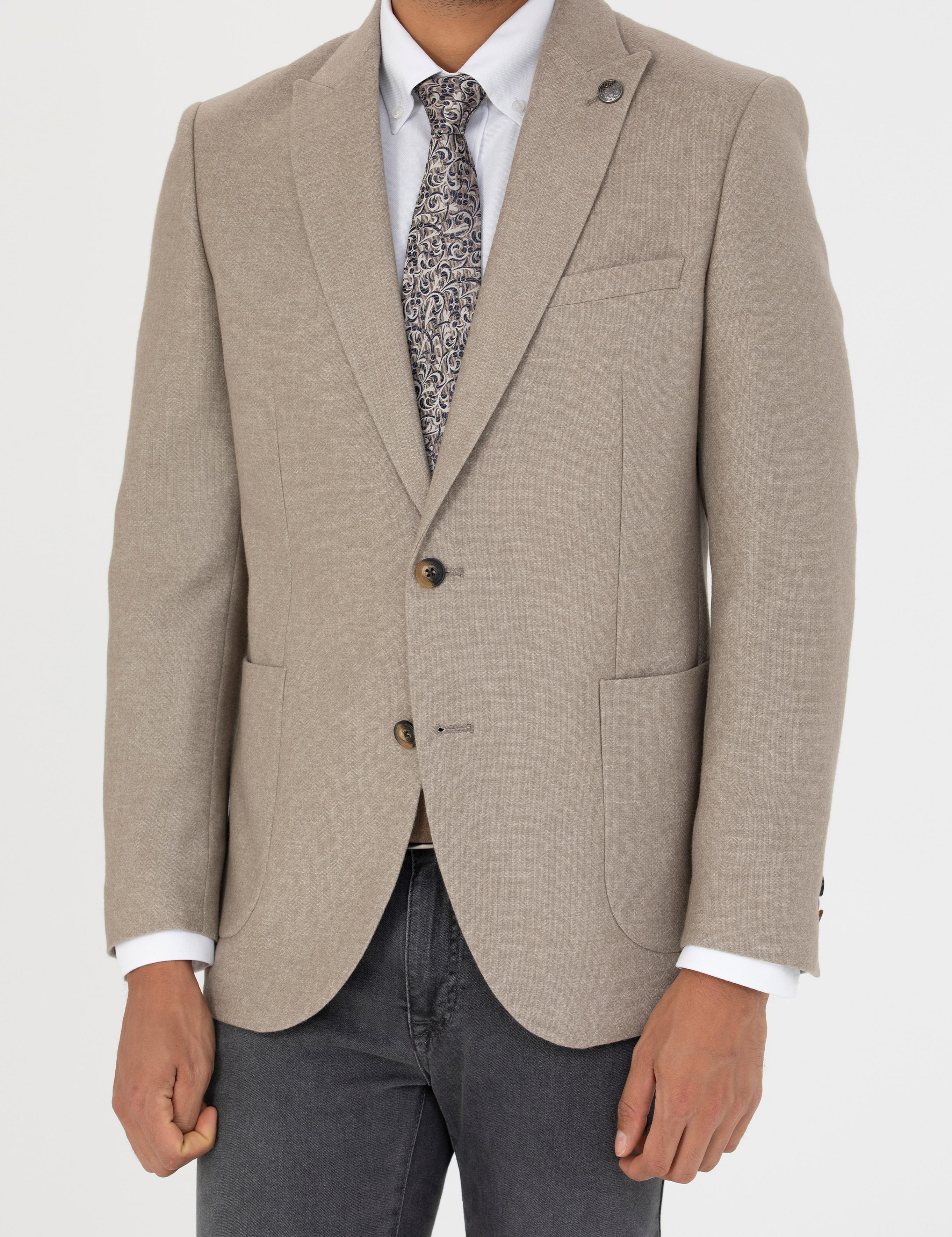 Bej Ekstra Slim Fit Yün Karışımlı Blazer Ceket