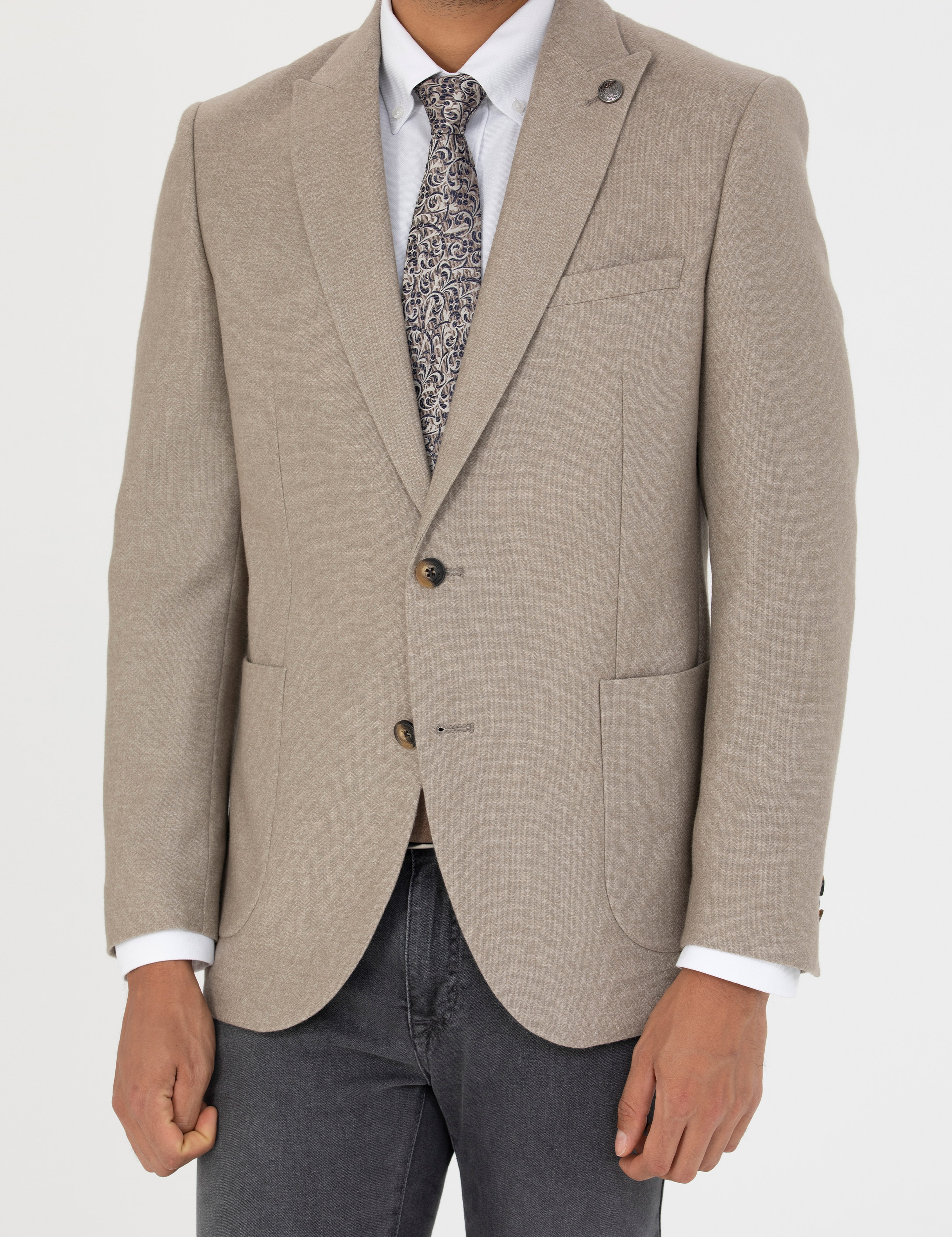 Bej Ekstra Slim Fit Yün Karışımlı Blazer Ceket