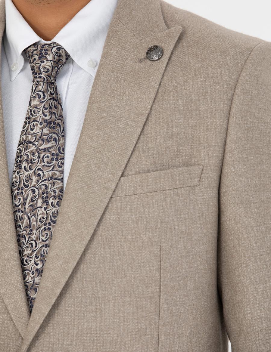 Bej Ekstra Slim Fit Yün Karışımlı Blazer Ceket