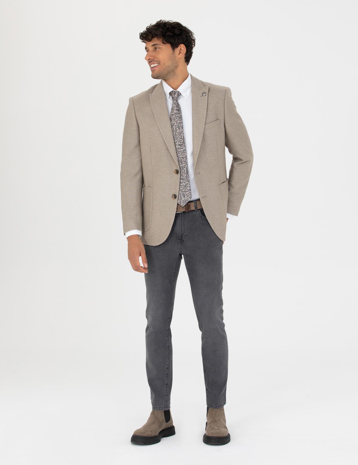 Bej Ekstra Slim Fit Yün Karışımlı Blazer Ceket - 50273158041