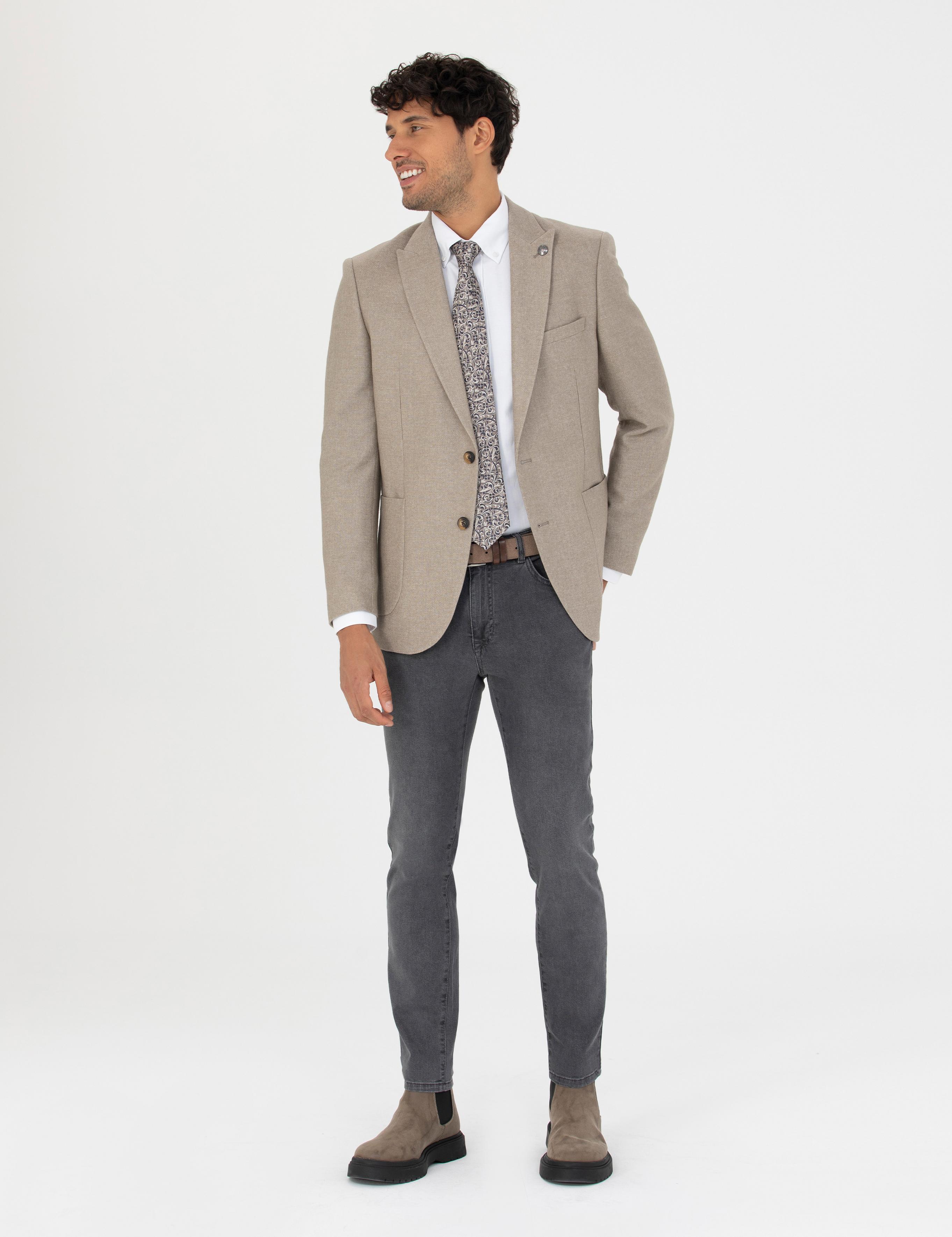 Bej Ekstra Slim Fit Yün Karışımlı Blazer Ceket