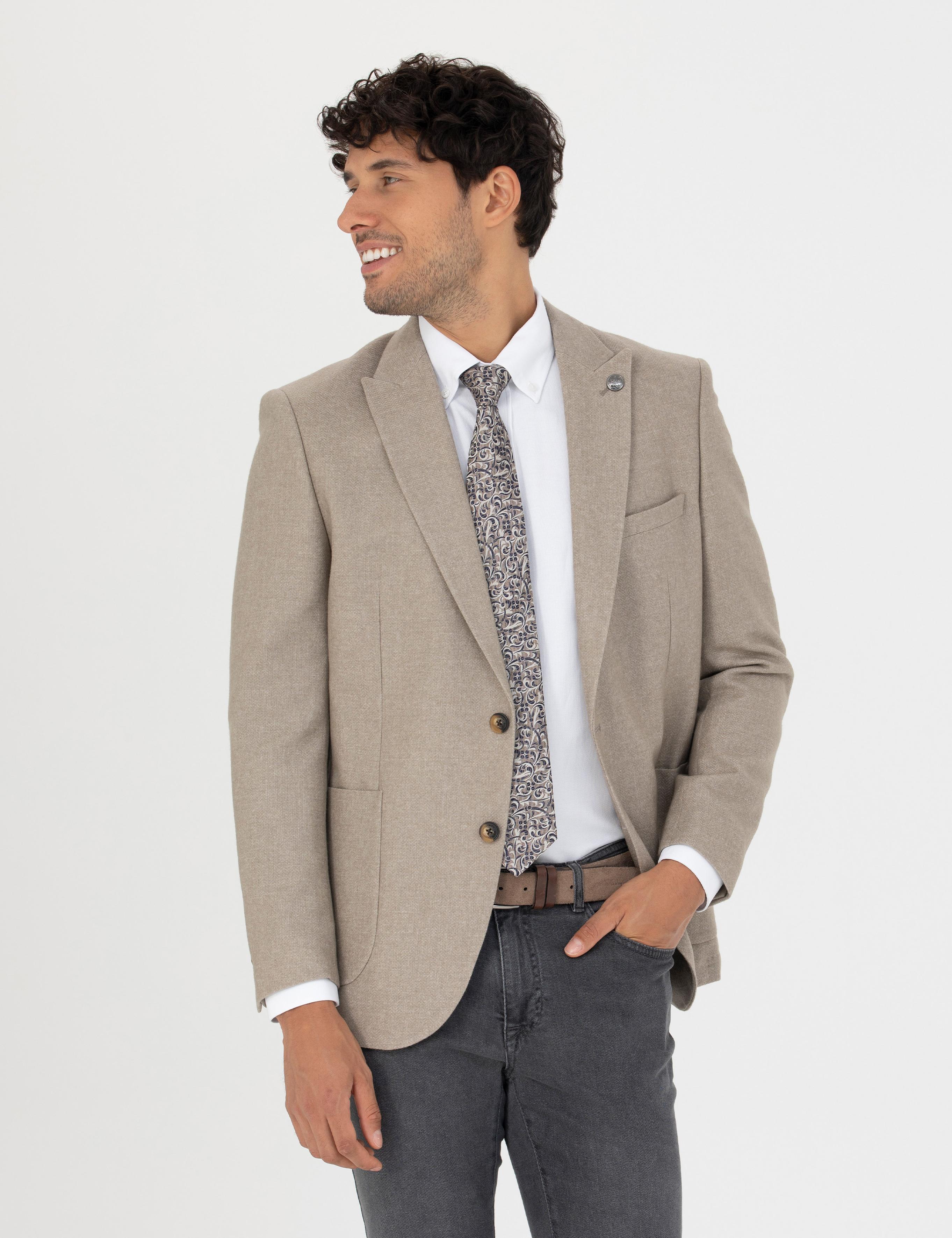 Bej Ekstra Slim Fit Yün Karışımlı Blazer Ceket