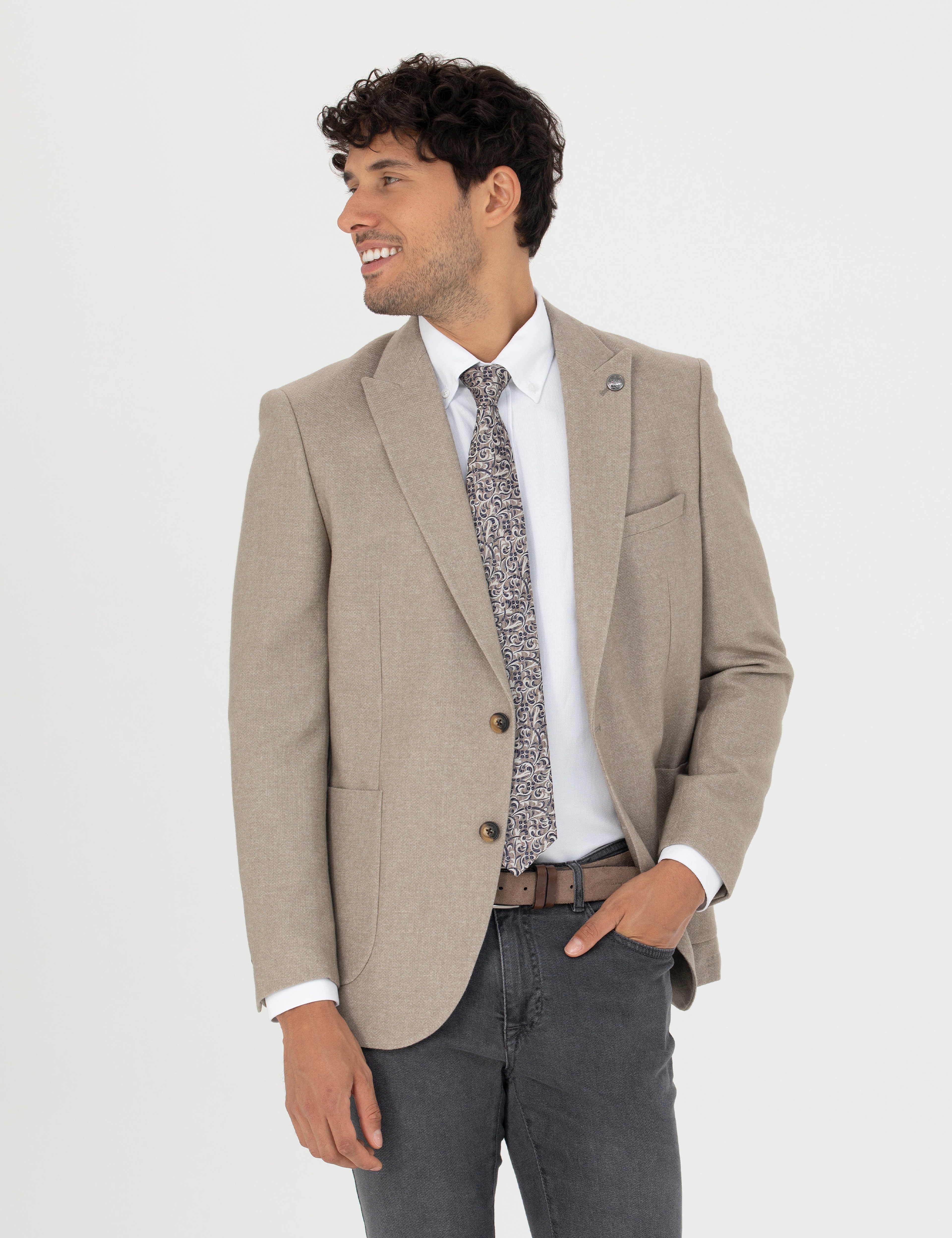 Bej Ekstra Slim Fit Yün Karışımlı Blazer Ceket - Image 1