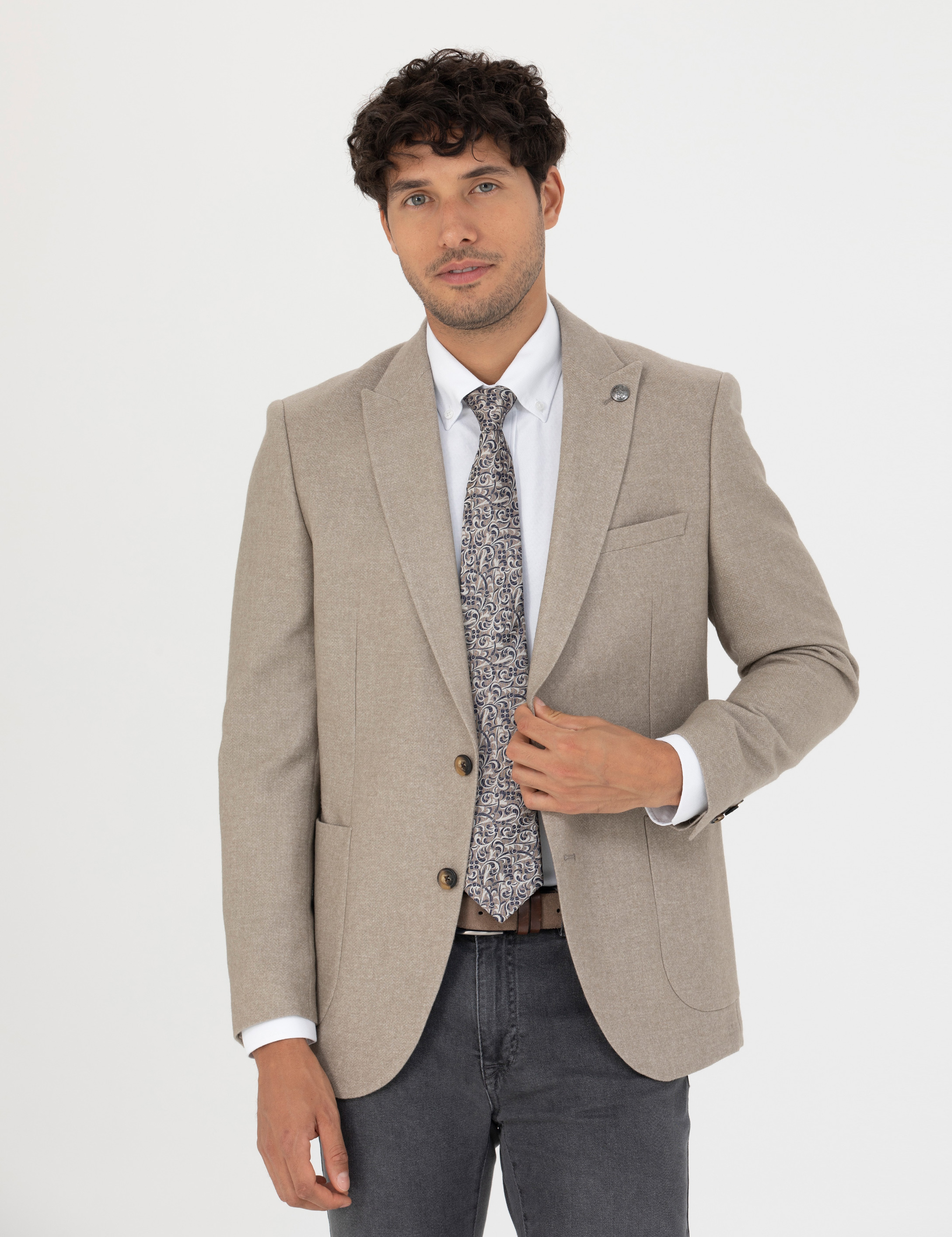 Bej Ekstra Slim Fit Yün Karışımlı Blazer Ceket - Image 3