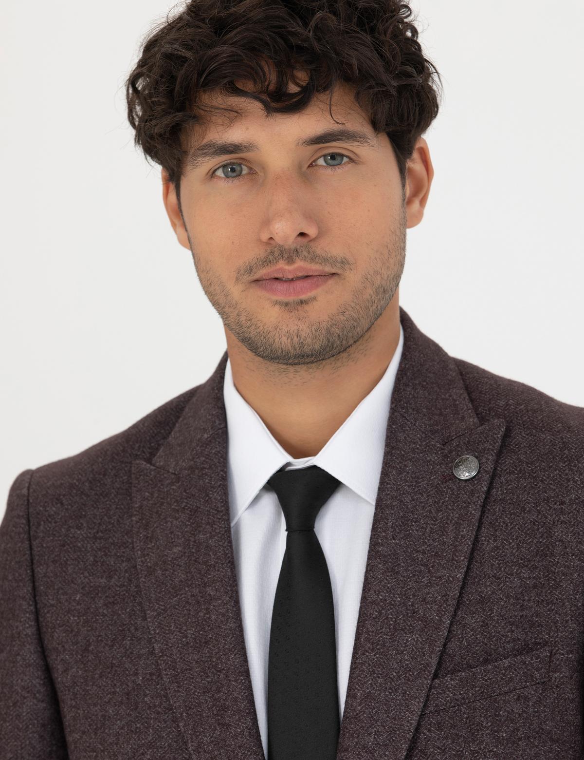 Bordo Ekstra Slim Fit Yün Karışımlı Blazer Ceket - 50273158080